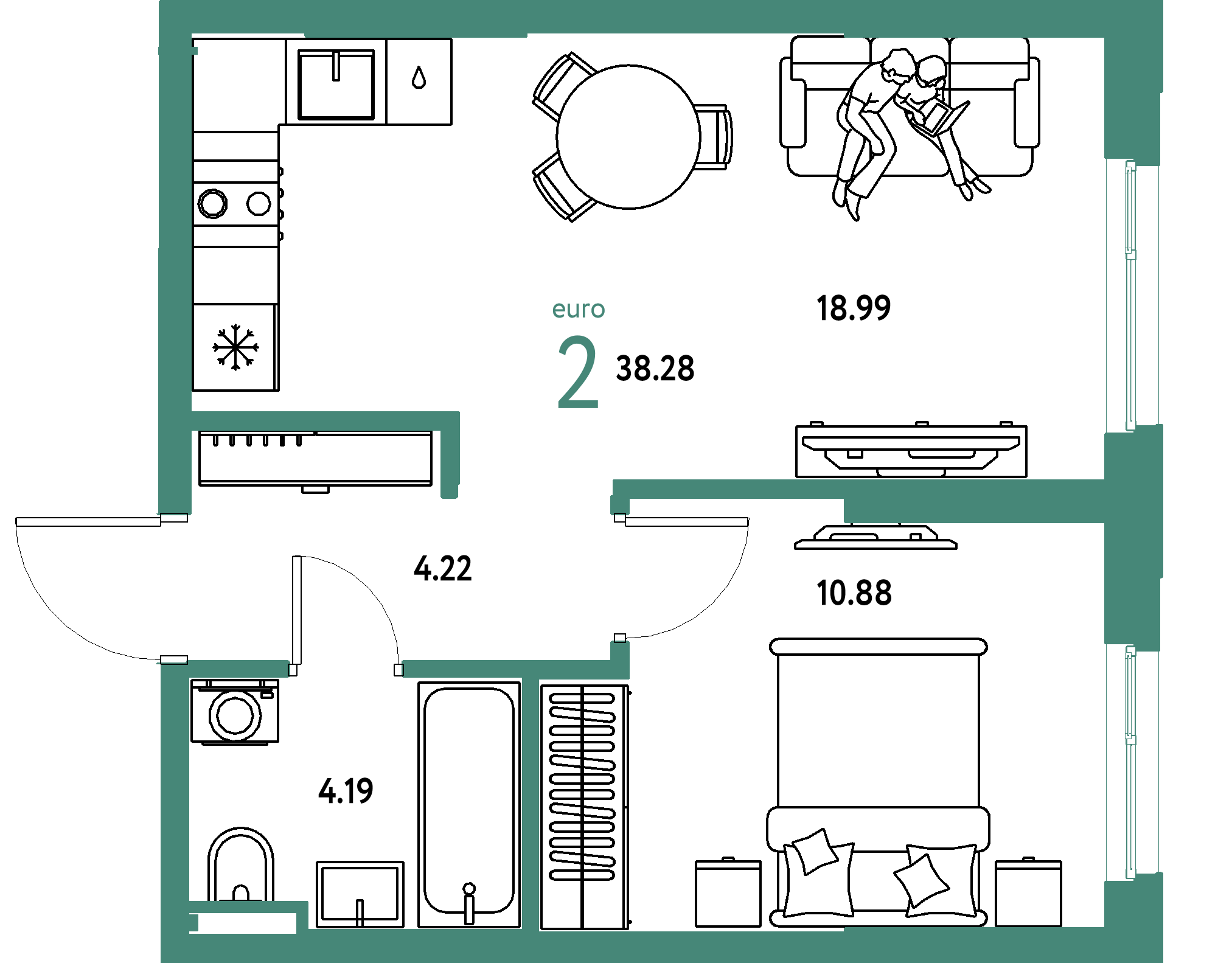ЖК "Остров-сад"-2-комнатная 38.28 м²