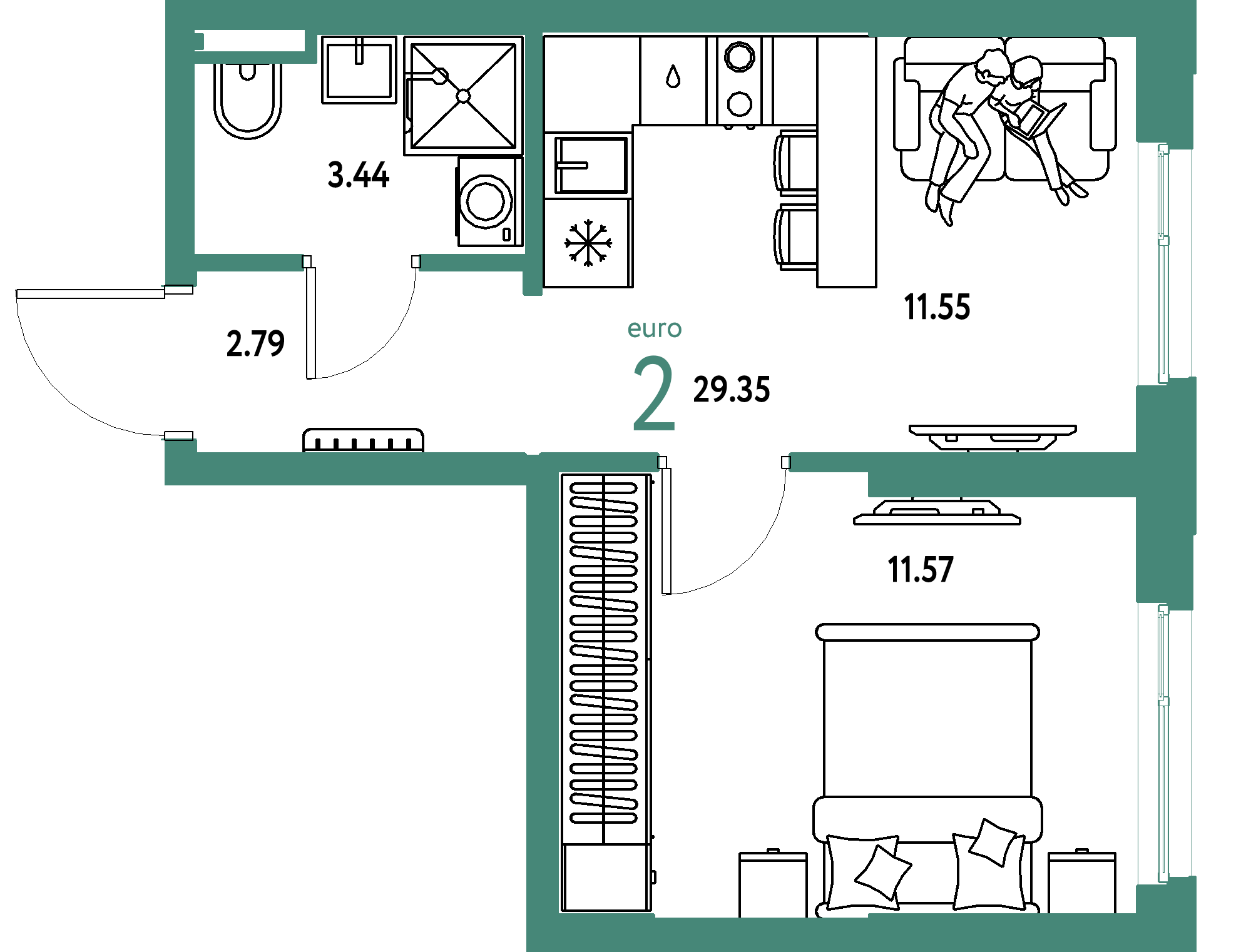 ЖК "Остров-сад"-2-комнатная 29.35 м²