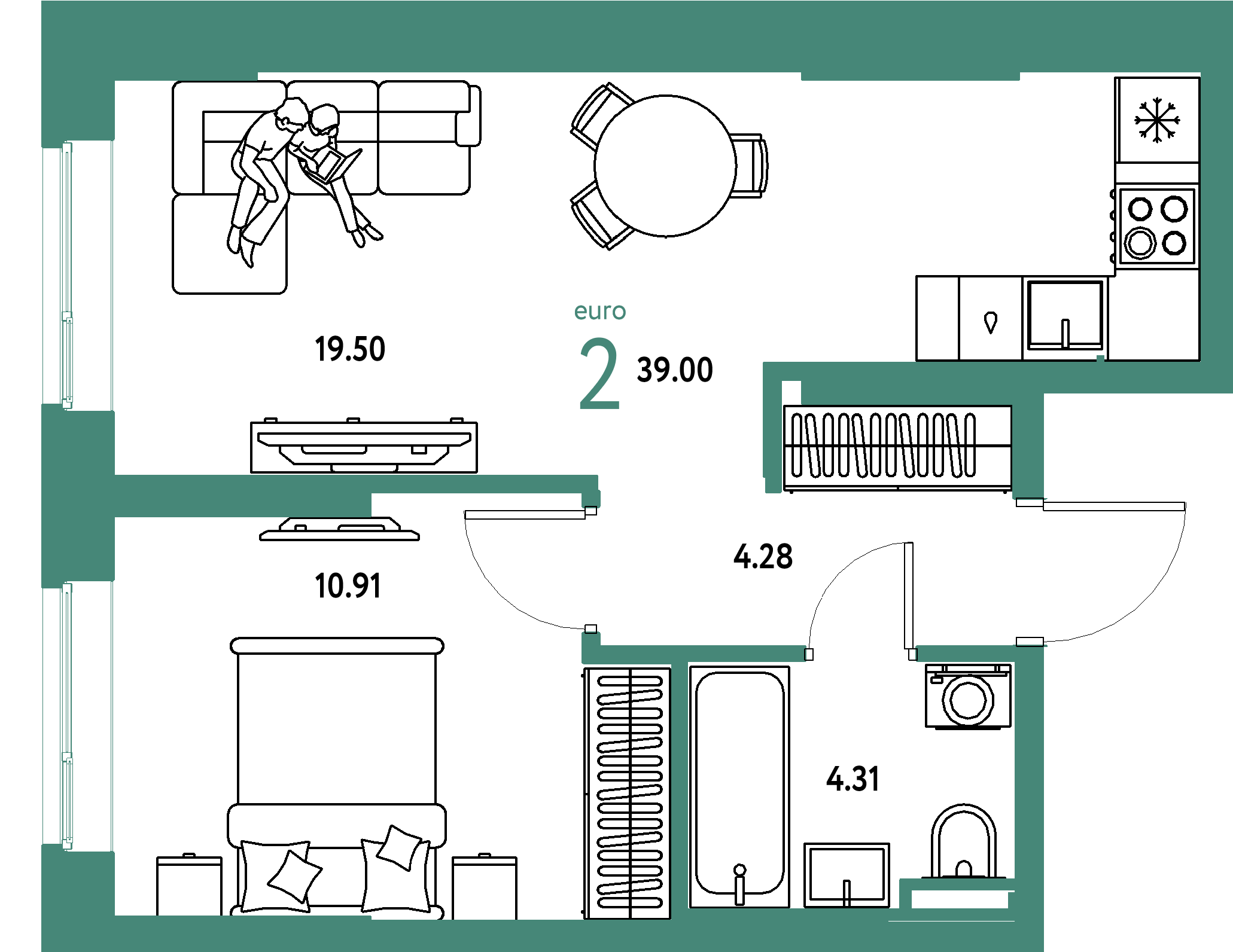 ЖК "Остров-сад"-2-комнатная 39 м²