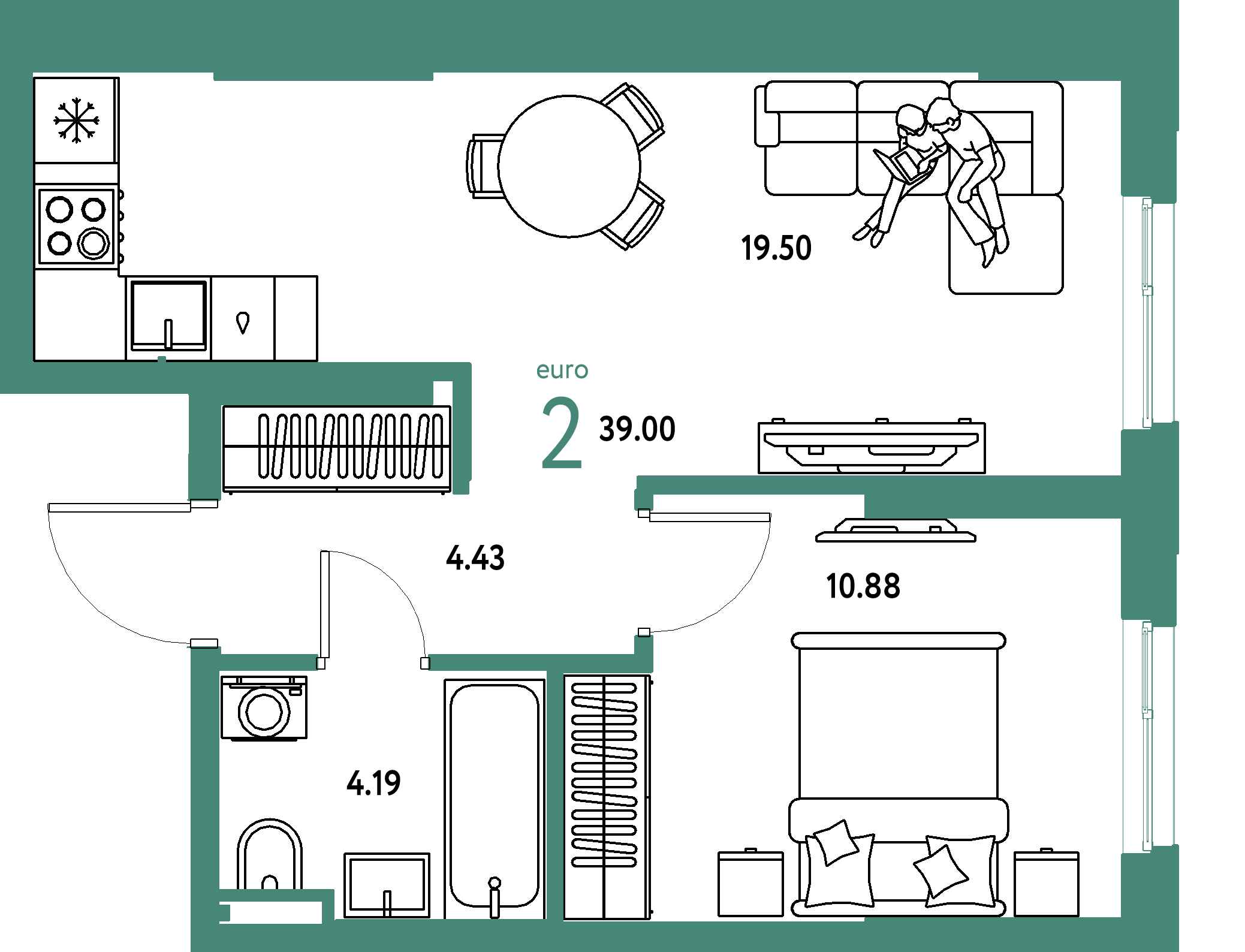 ЖК "Остров-сад"-2-комнатная 39 м²