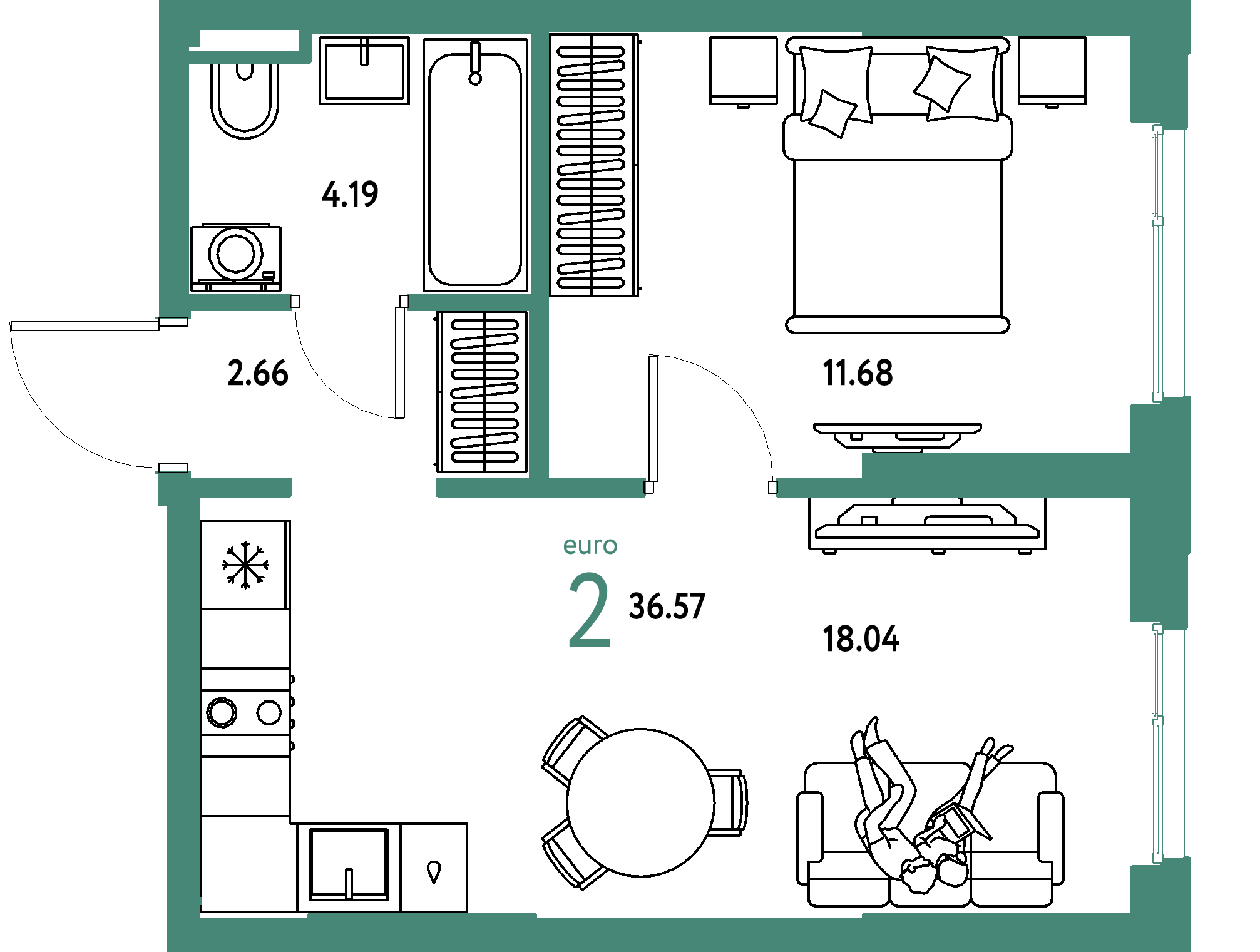 ЖК "Остров-сад"-2-комнатная 36.57 м²