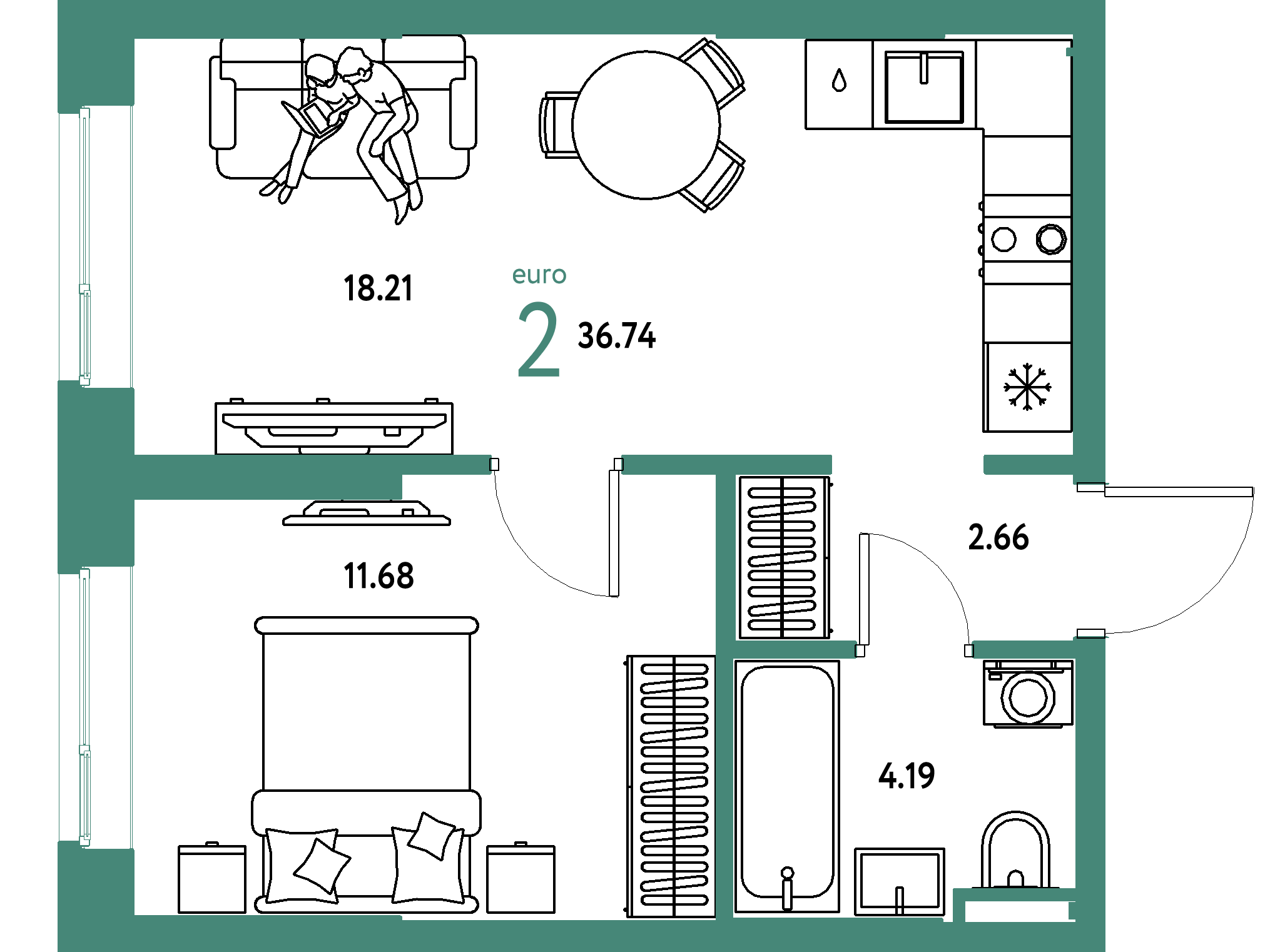 ЖК "Остров-сад"-2-комнатная 36.74 м²