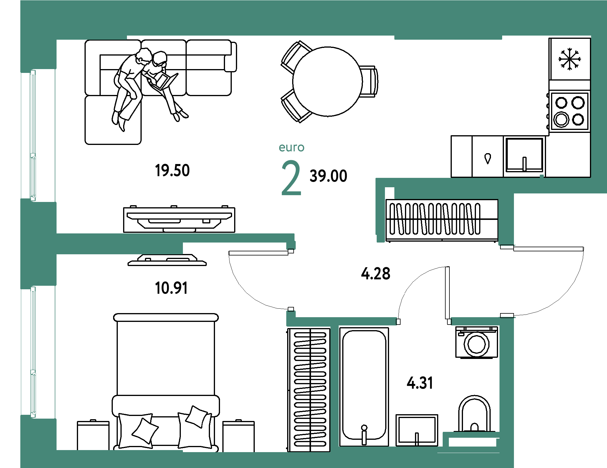 ЖК "Остров-сад"-2-комнатная 39 м²
