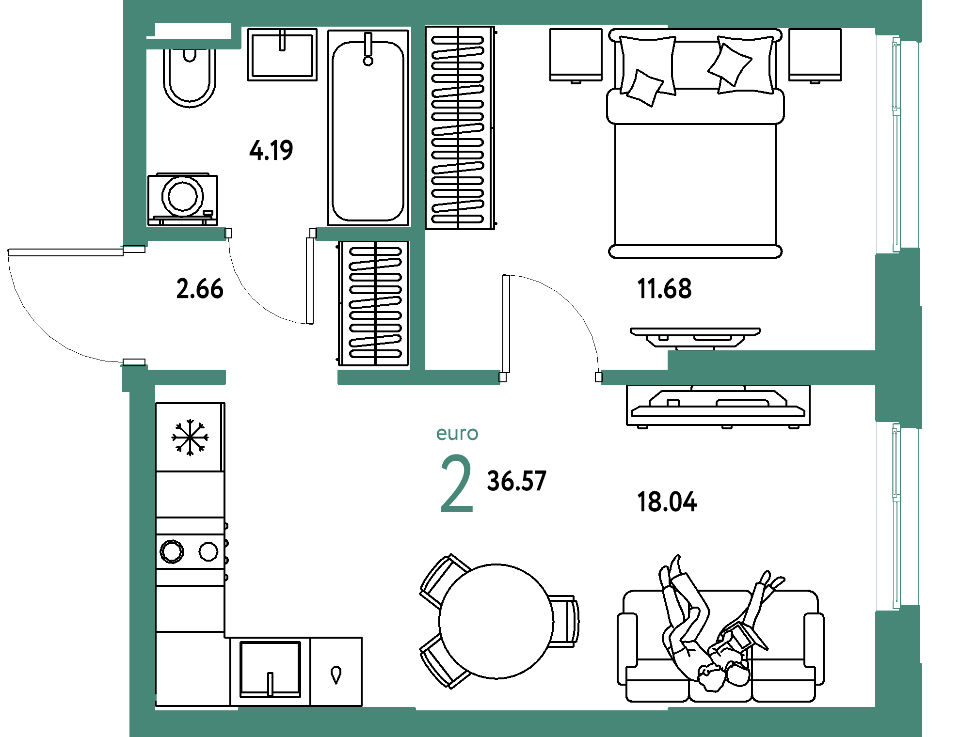 ЖК "Остров-сад"-2-комнатная 36.57 м²