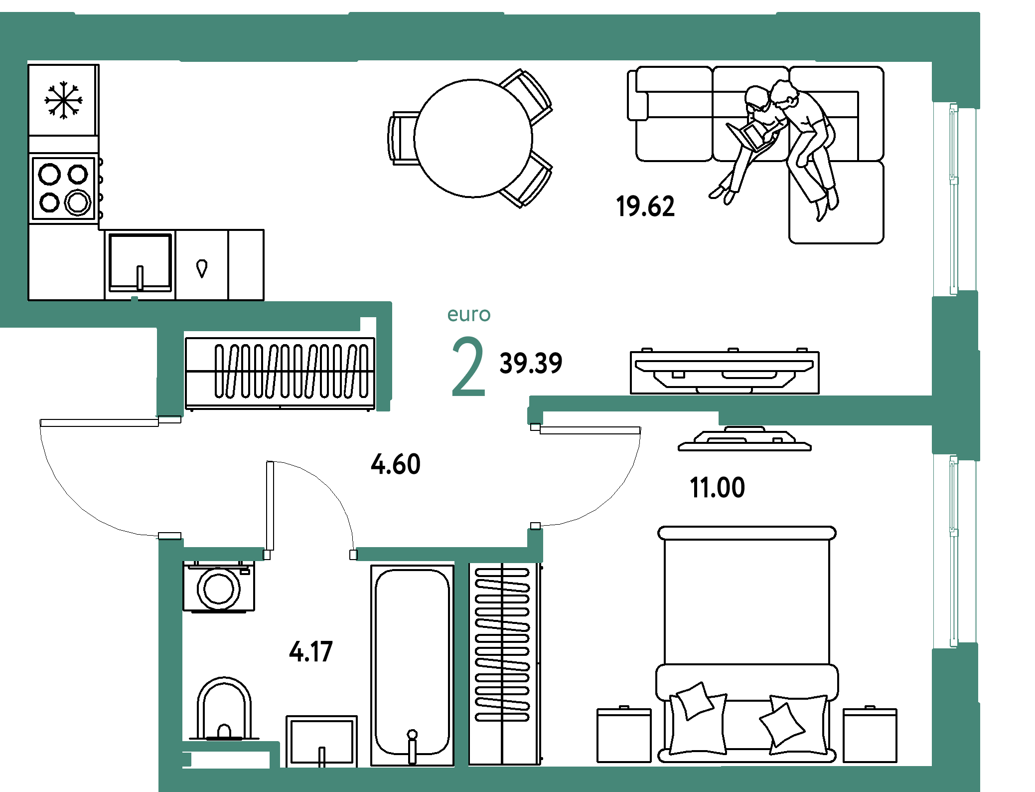 ЖК "Остров-сад"-2-комнатная 39.39 м²