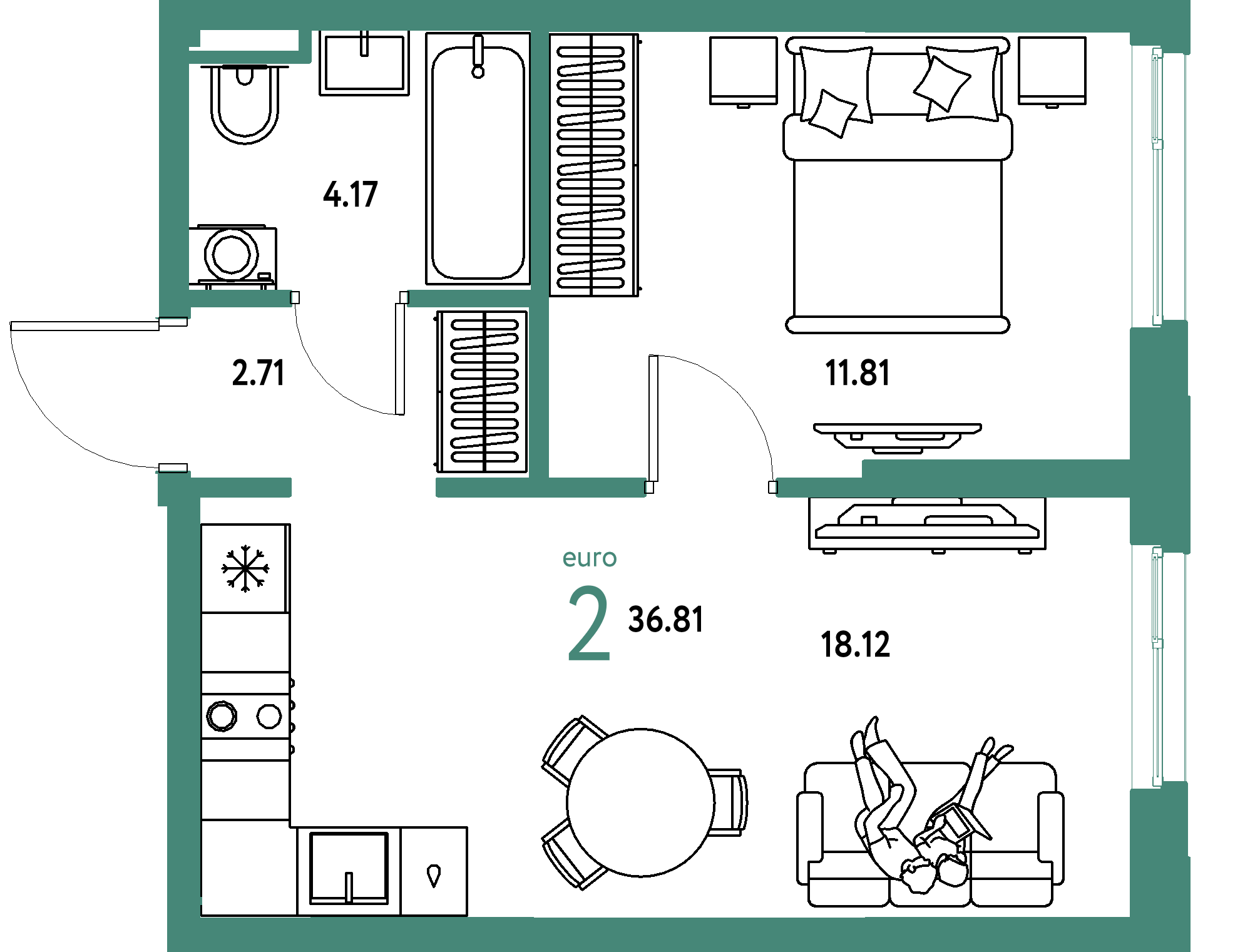 ЖК "Остров-сад"-2-комнатная 36.81 м²