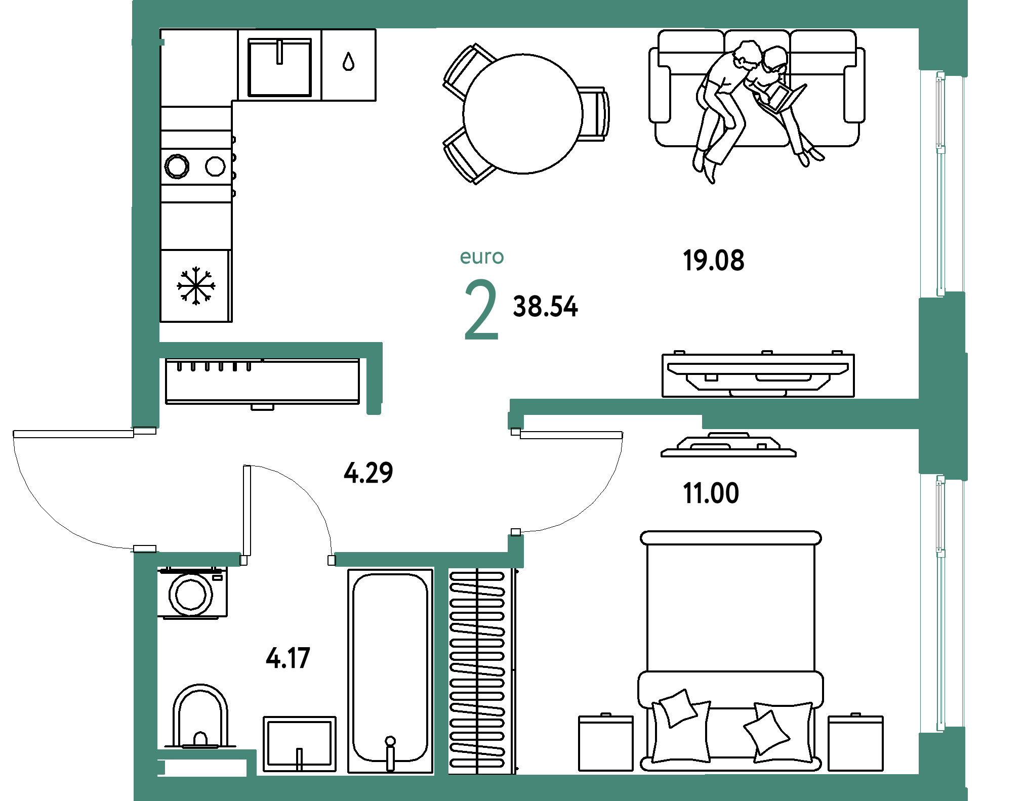 ЖК "Остров-сад"-2-комнатная 38.54 м²