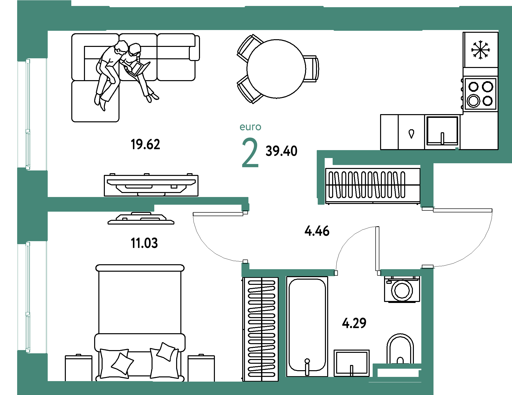 ЖК "Остров-сад"-2-комнатная 39.4 м²