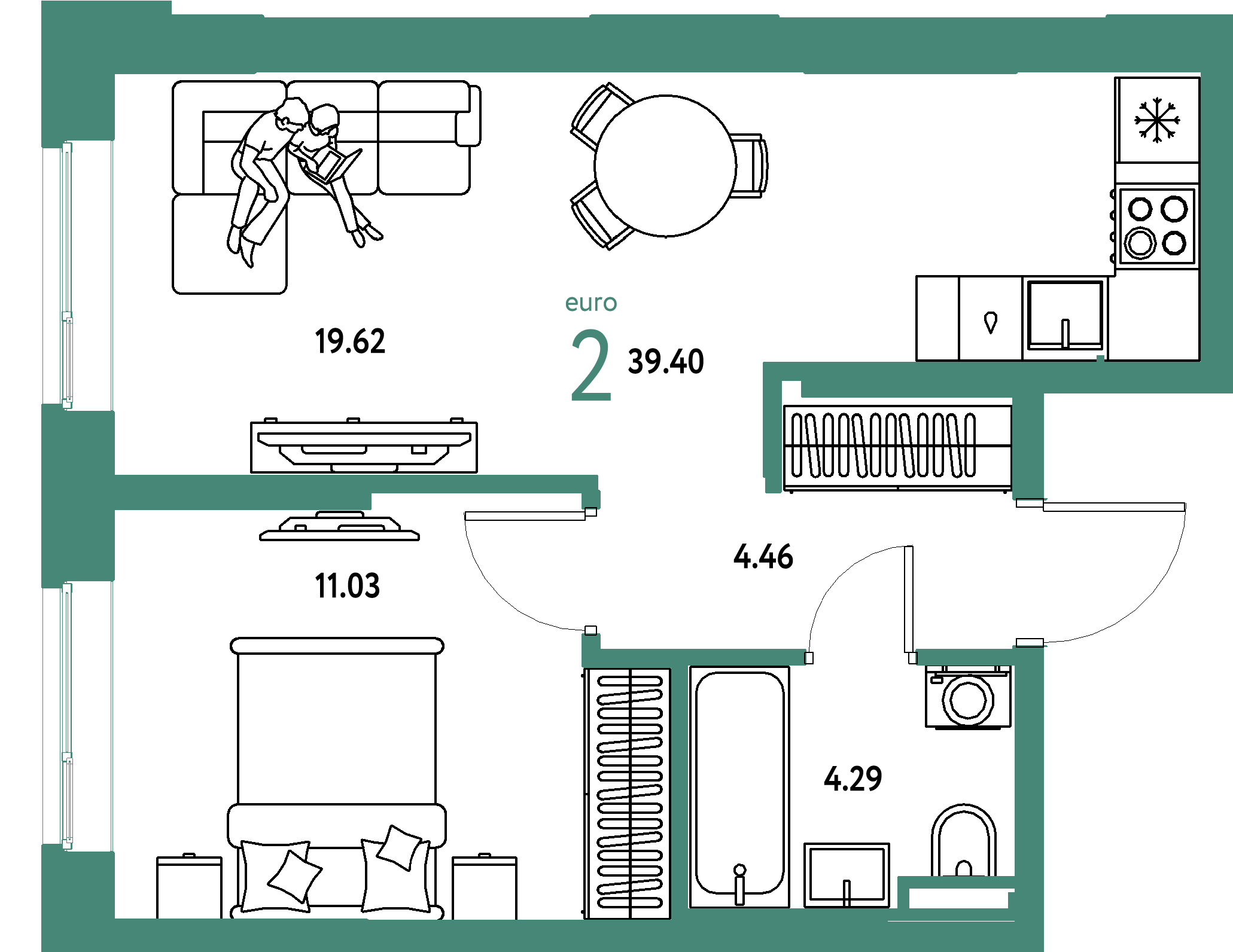 ЖК "Остров-сад"-2-комнатная 39.4 м²