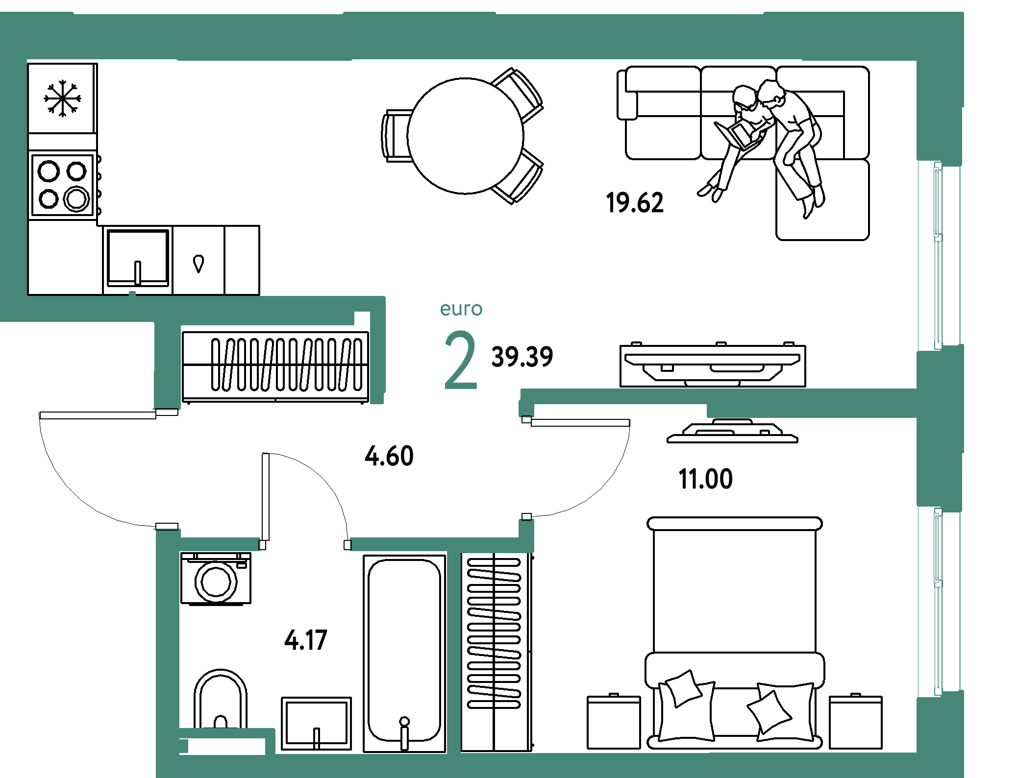 ЖК "Остров-сад"-2-комнатная 39.39 м²