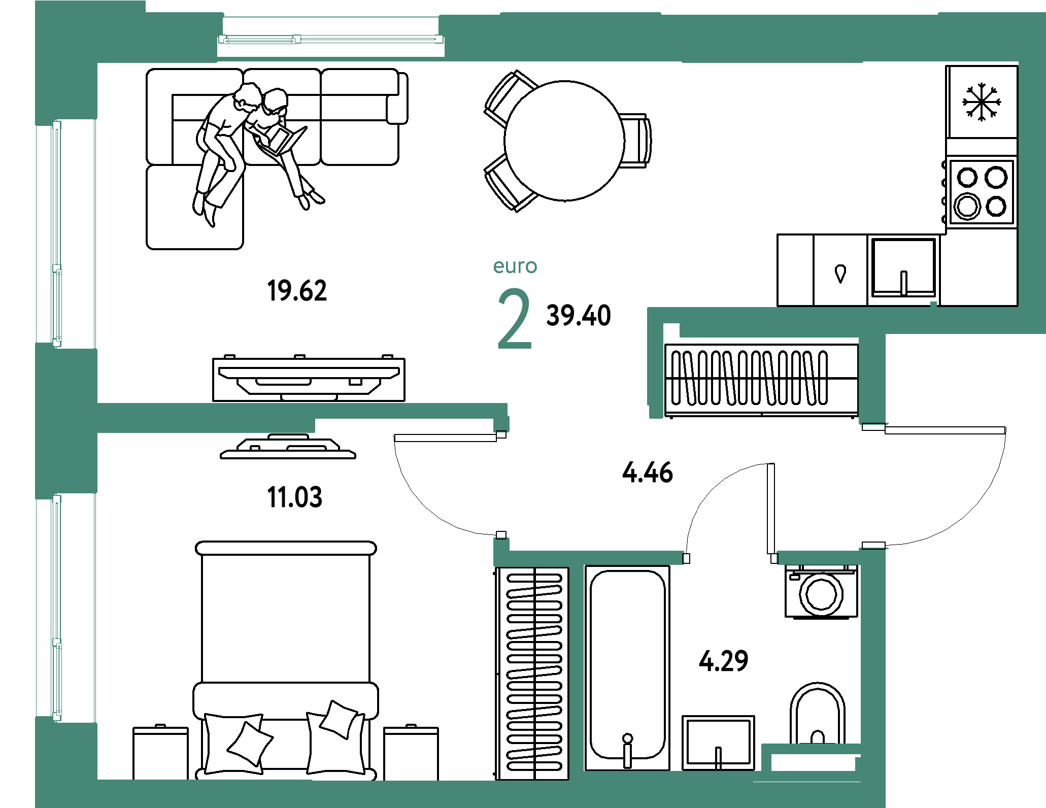 ЖК "Остров-сад"-2-комнатная 39.4 м²