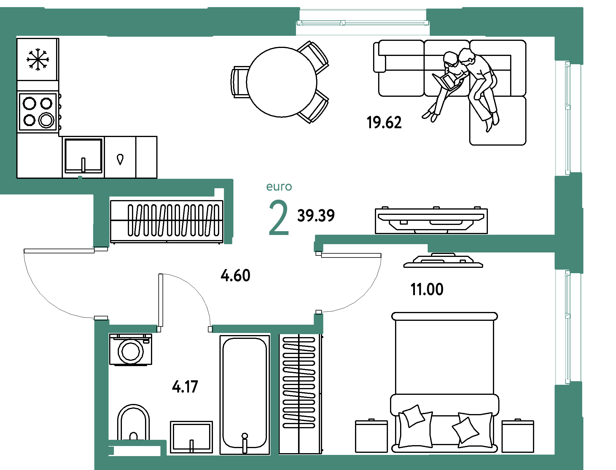 ЖК "Остров-сад"-2-комнатная 39.39 м²