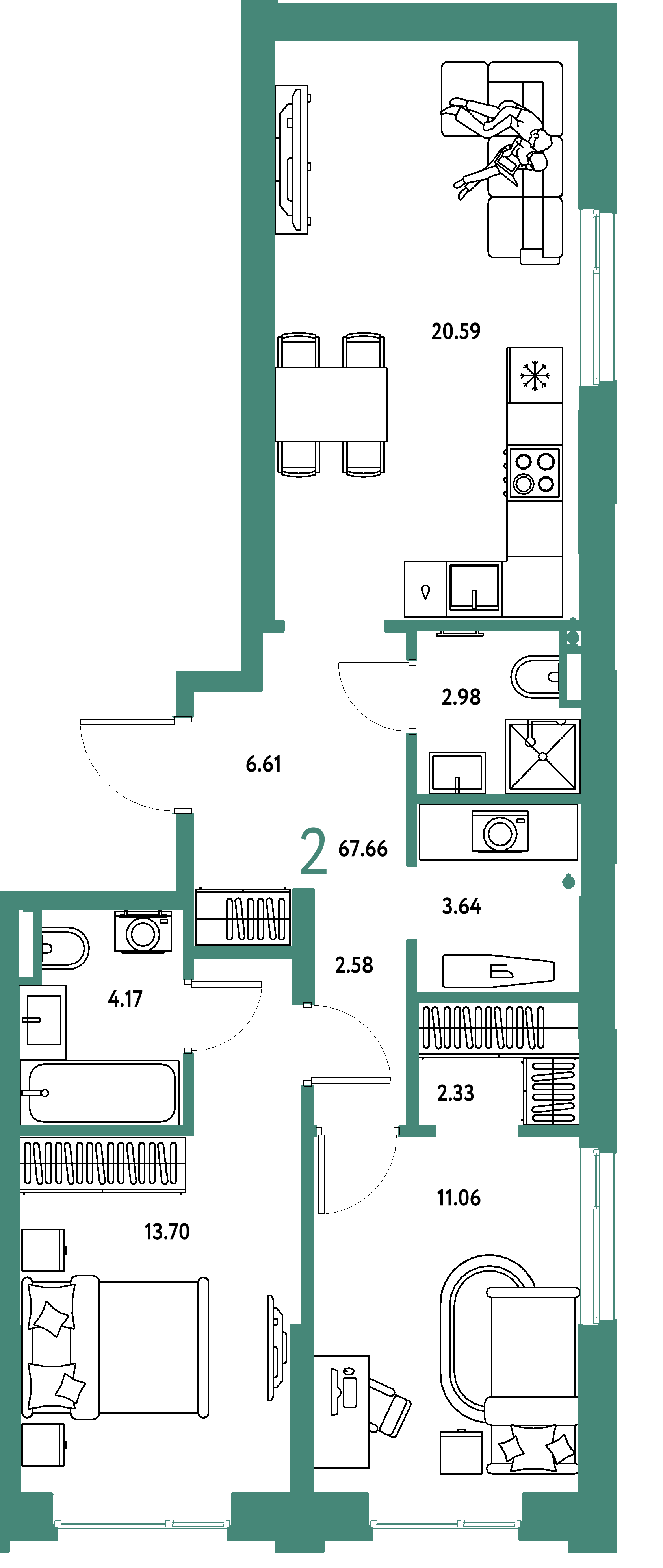 ЖК "Остров-сад"-2-комнатная 67.85 м²