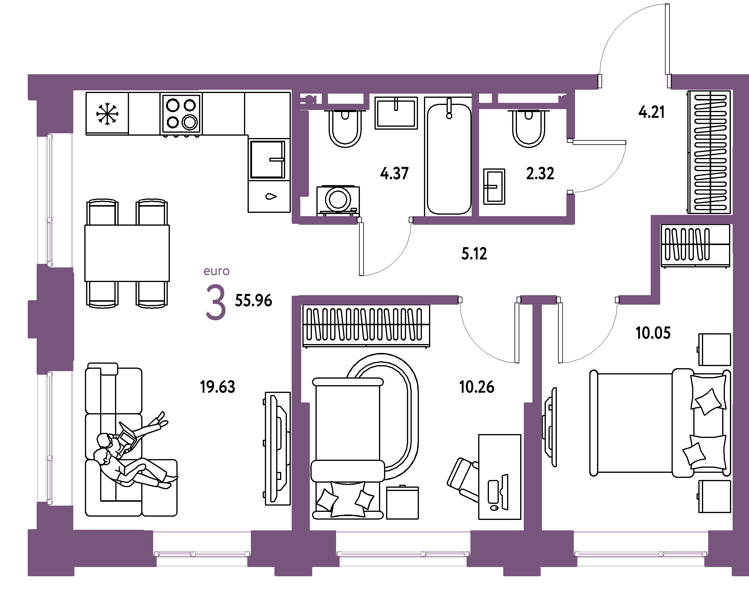 ЖК "Остров-сад"-3-комнатная 55.96 м²