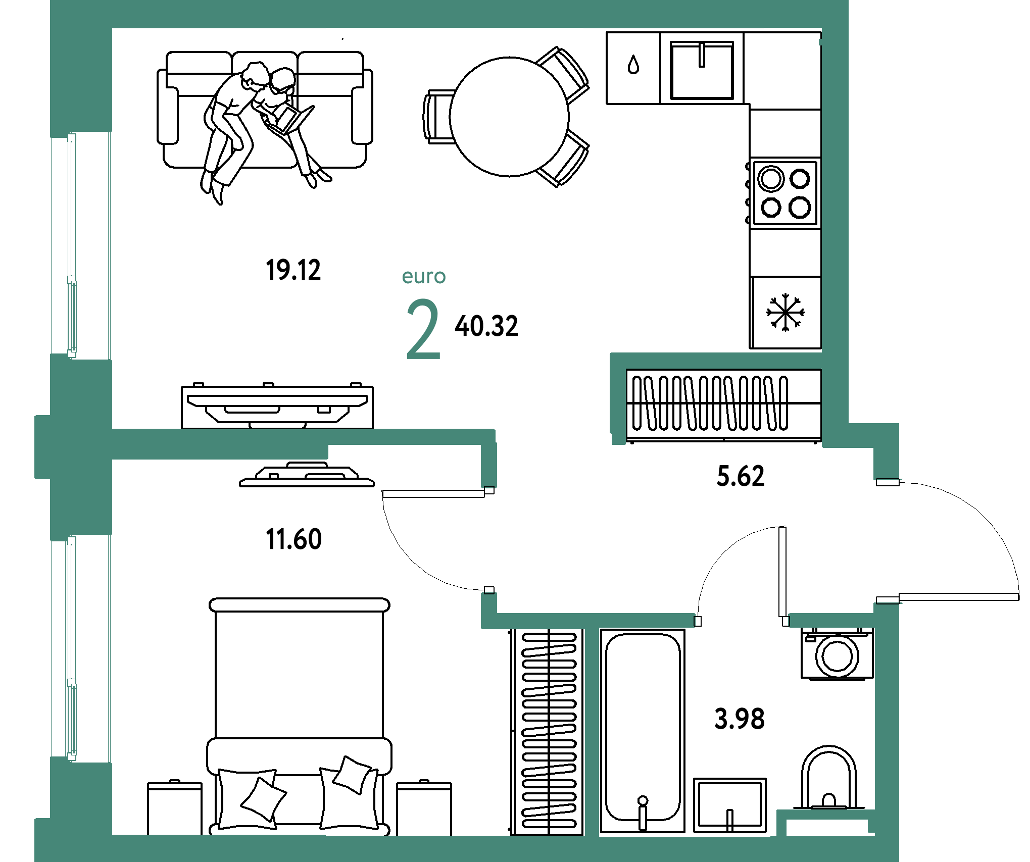 ЖК "Остров-сад"-2-комнатная 40.51 м²