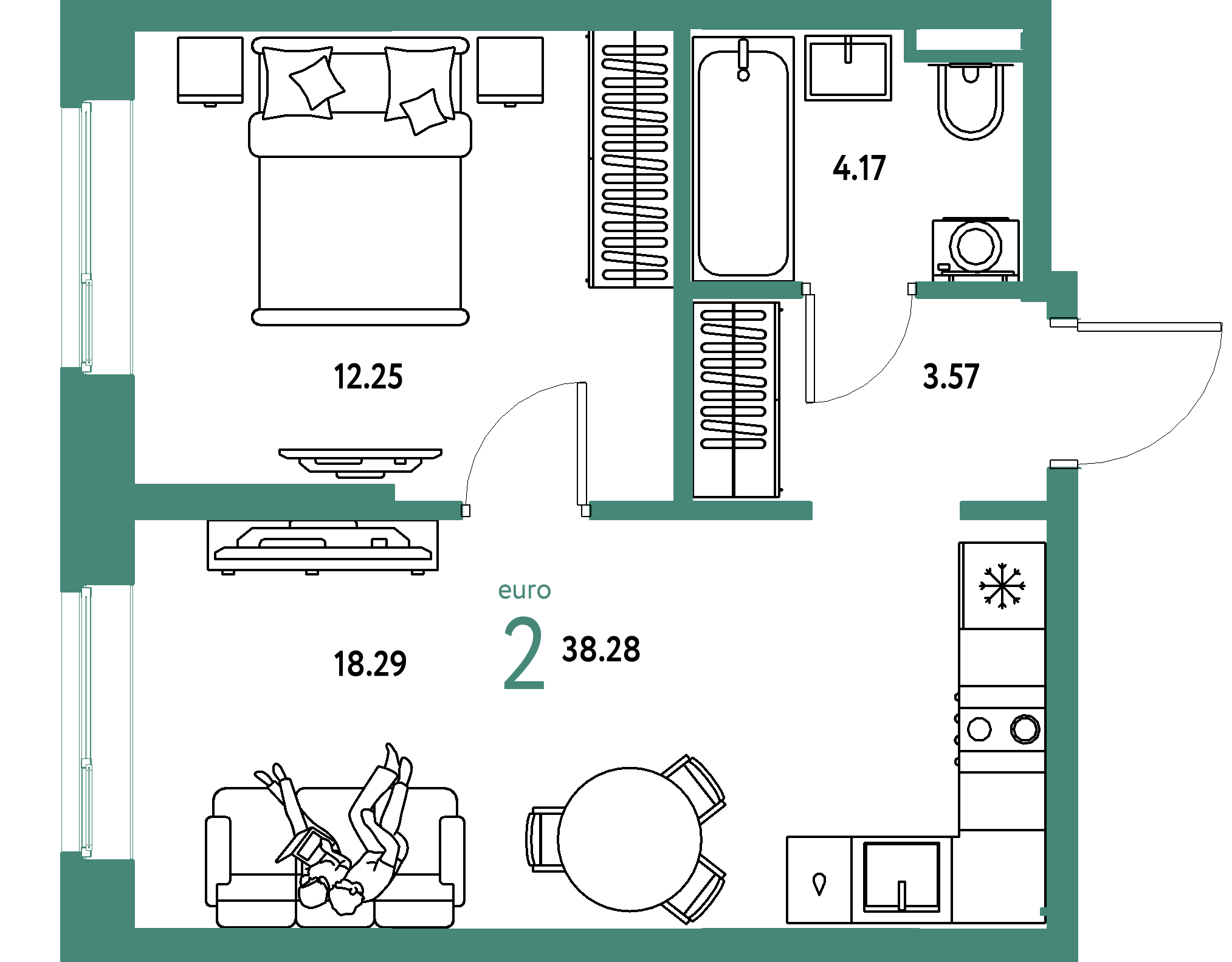 ЖК "Остров-сад"-2-комнатная 38.28 м²