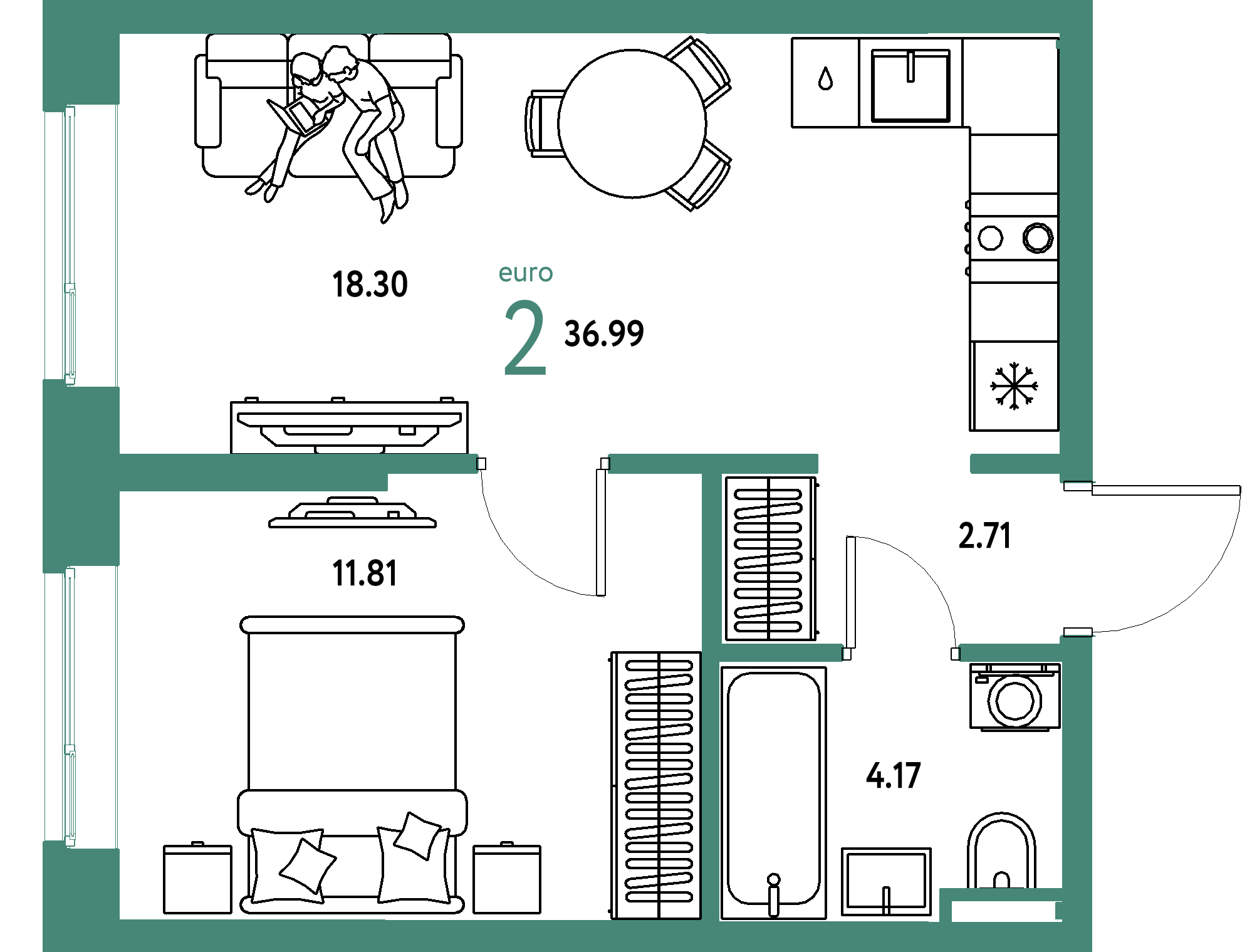ЖК "Остров-сад"-2-комнатная 36.99 м²