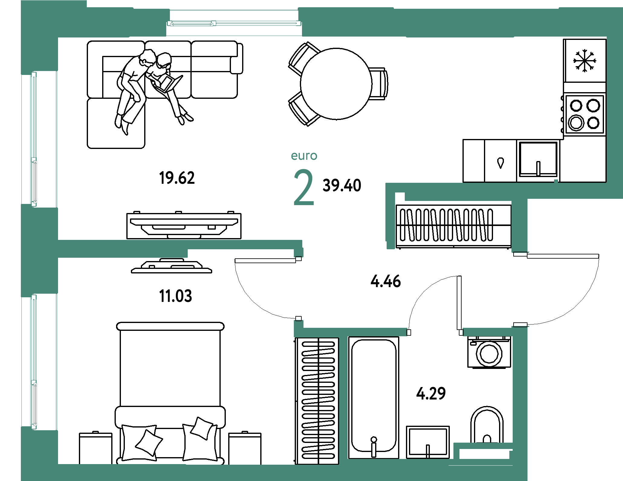 ЖК "Остров-сад"-2-комнатная 39.4 м²