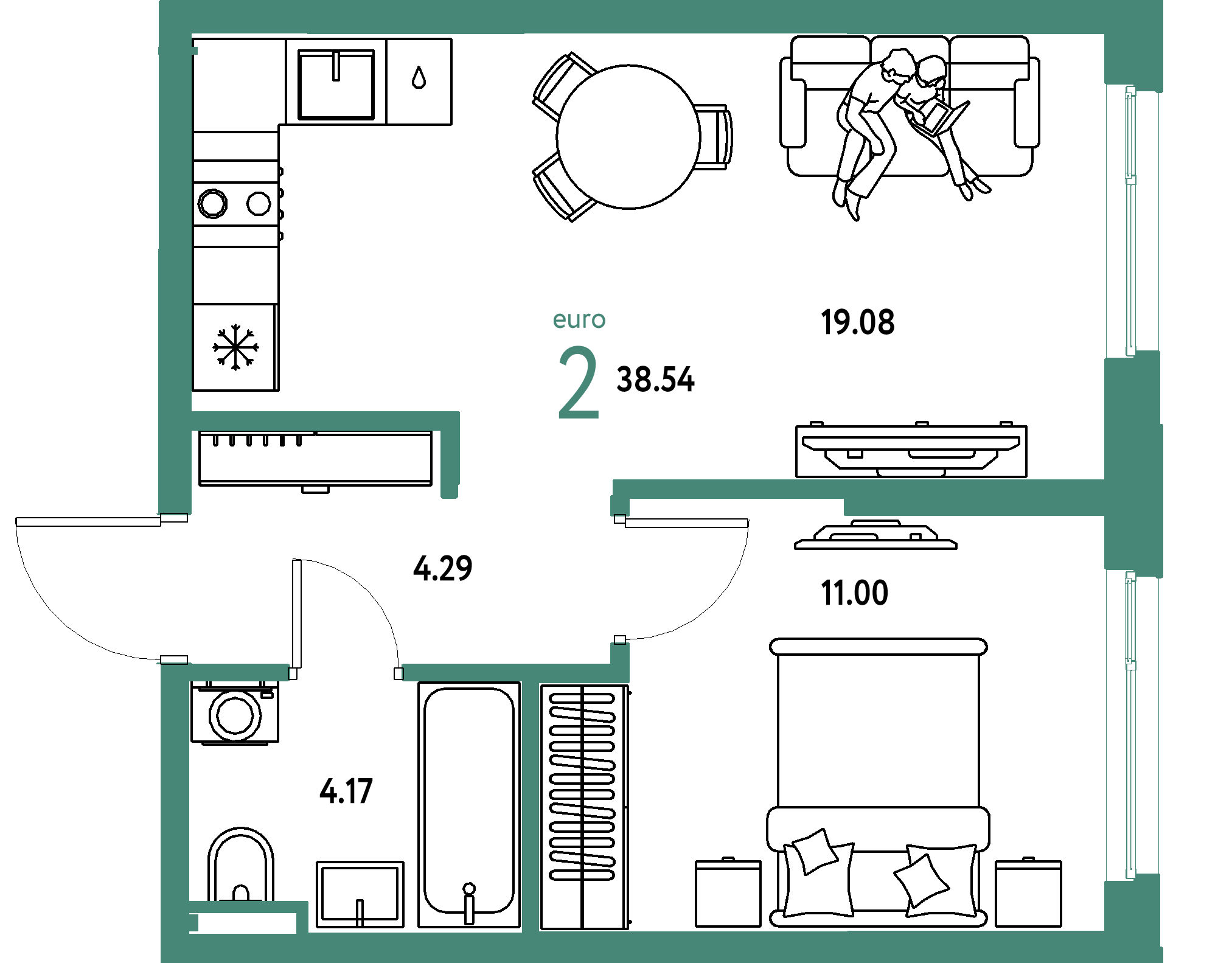 ЖК "Остров-сад"-2-комнатная 38.54 м²