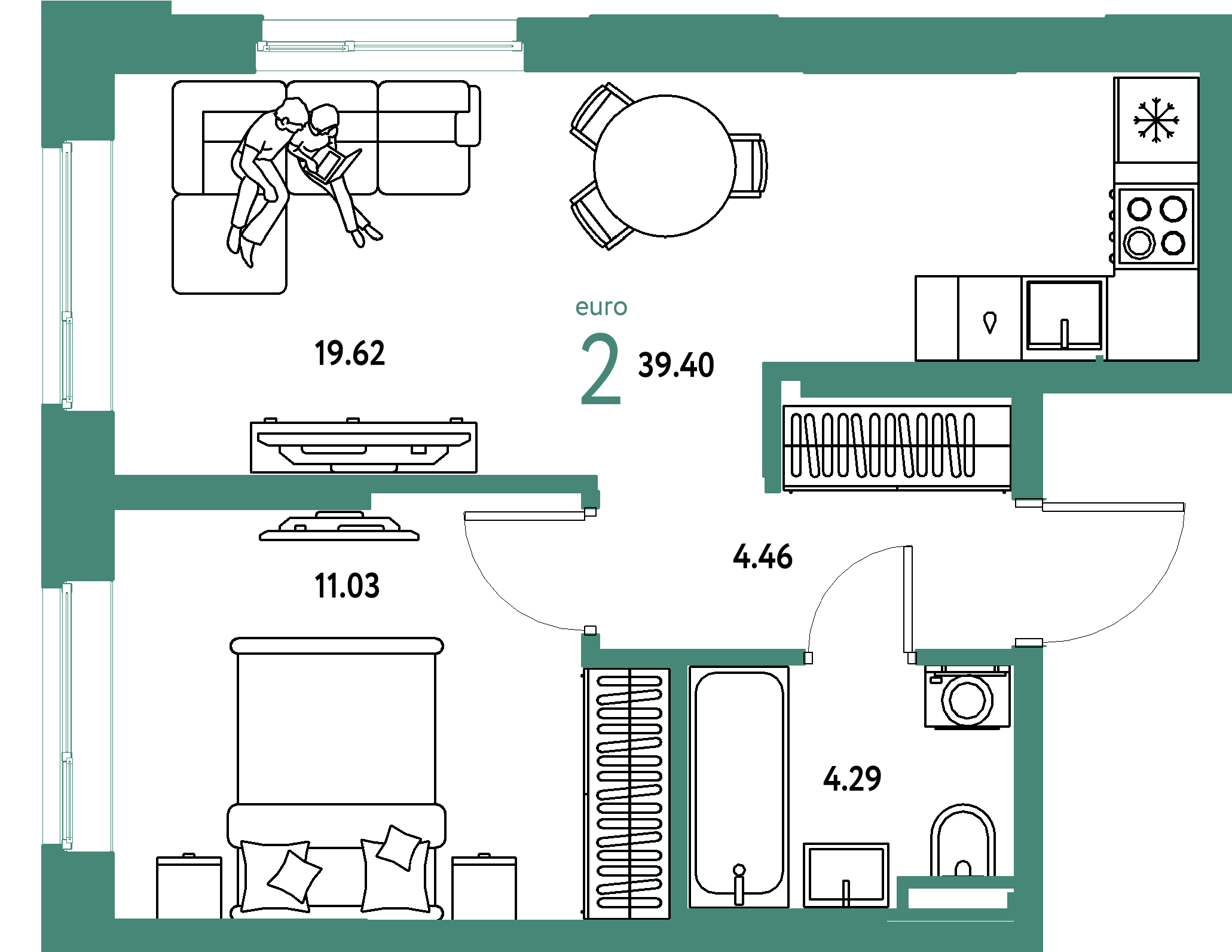 ЖК "Остров-сад"-2-комнатная 39.4 м²