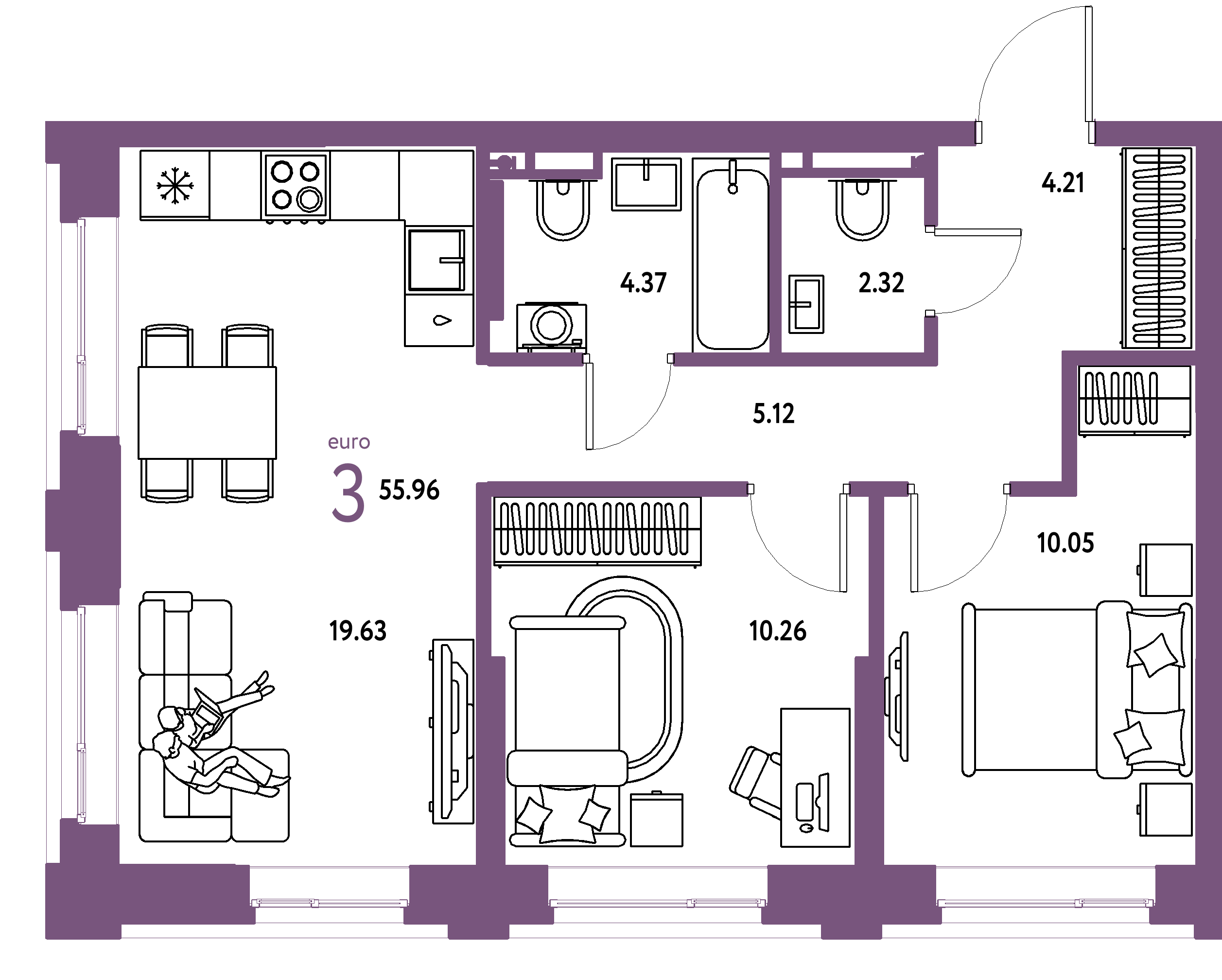 ЖК "Остров-сад"-3-комнатная 55.96 м²