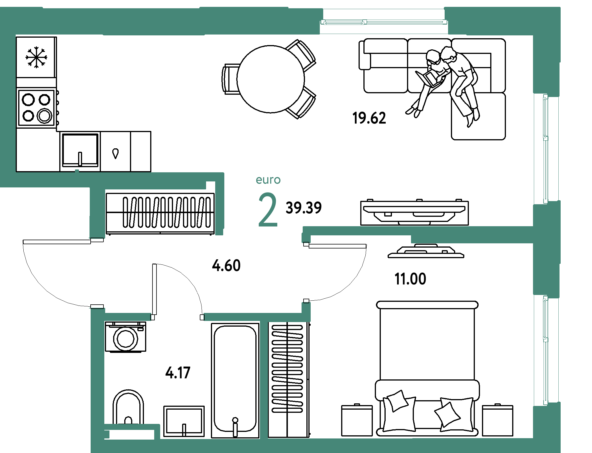 ЖК "Остров-сад"-2-комнатная 39.39 м²