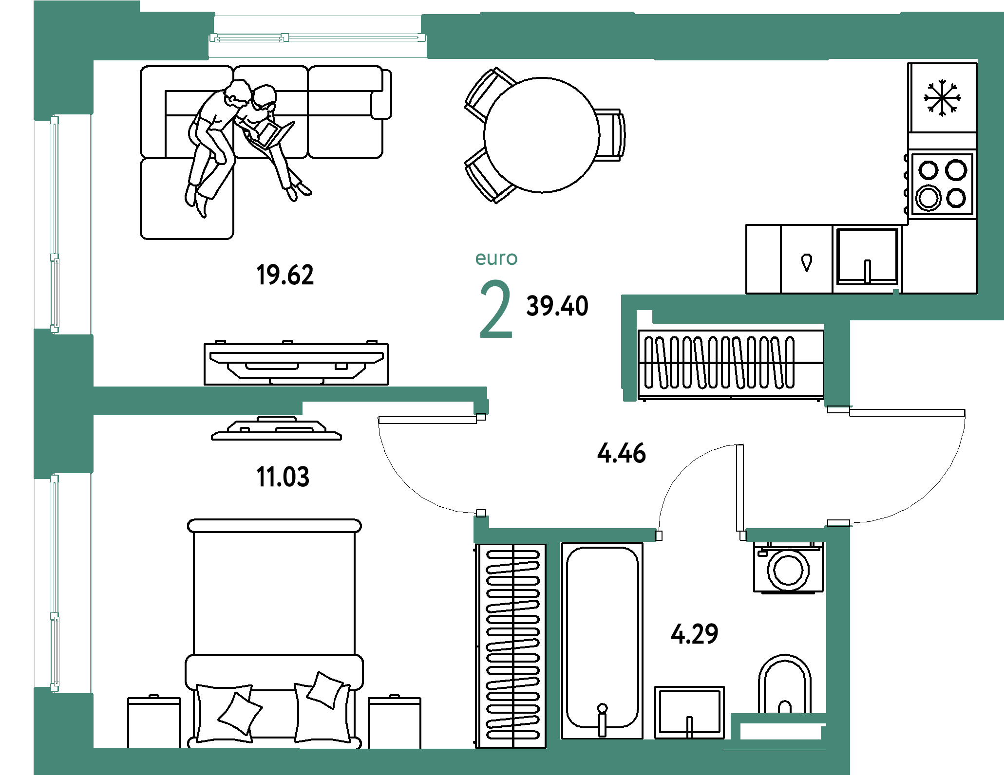 ЖК "Остров-сад"-2-комнатная 39.4 м²