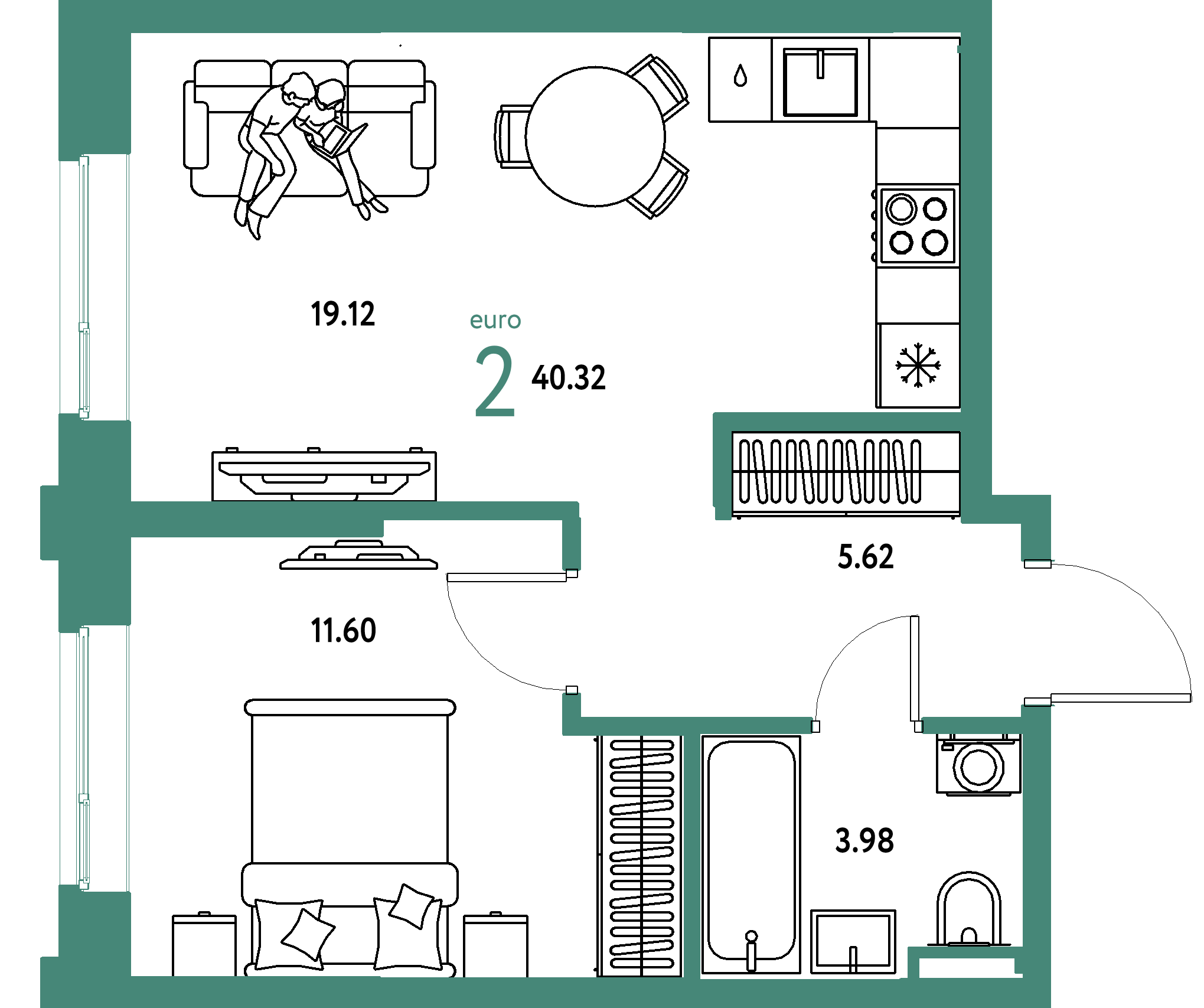 ЖК "Остров-сад"-2-комнатная 40.51 м²