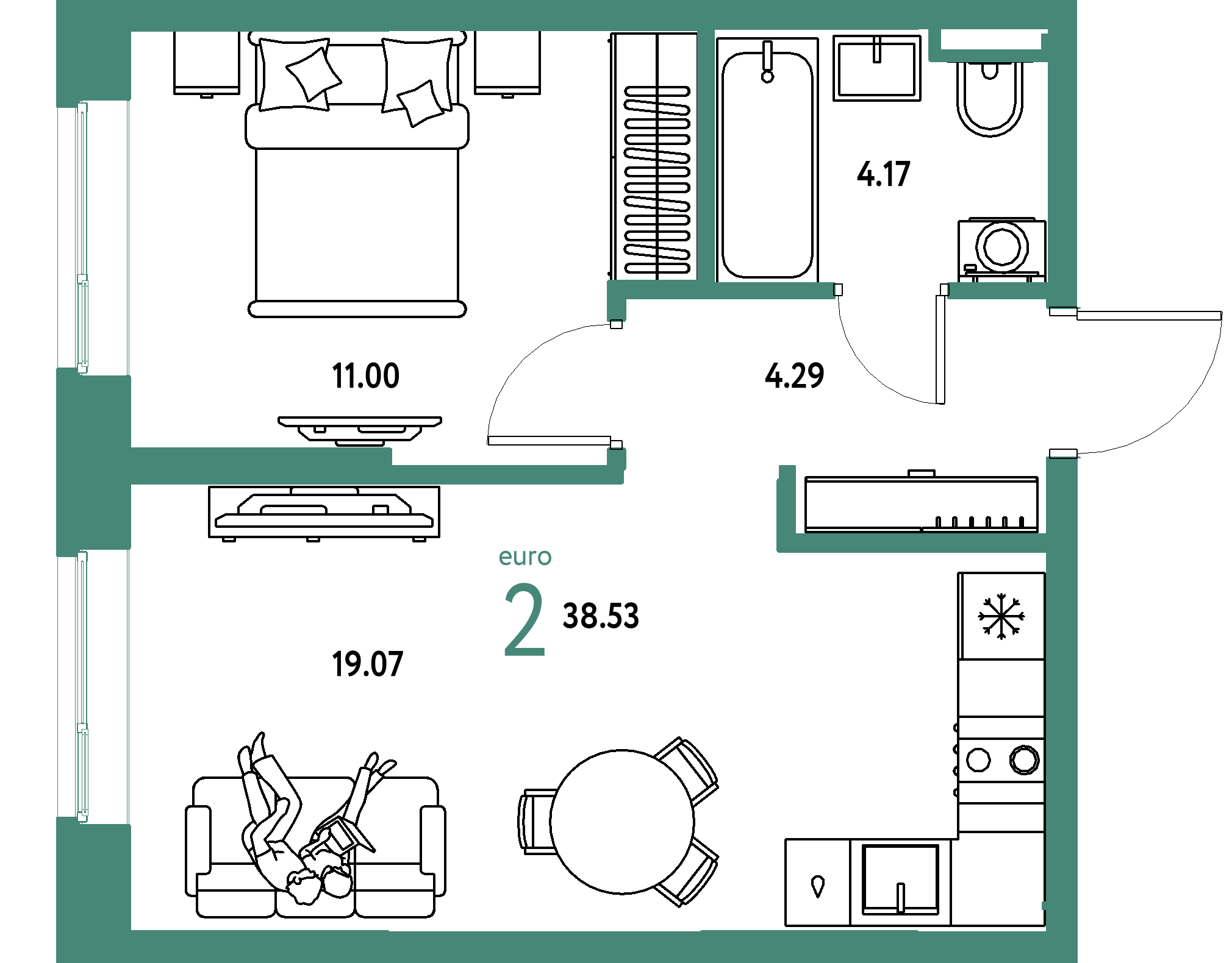 ЖК "Остров-сад"-2-комнатная 38.53 м²