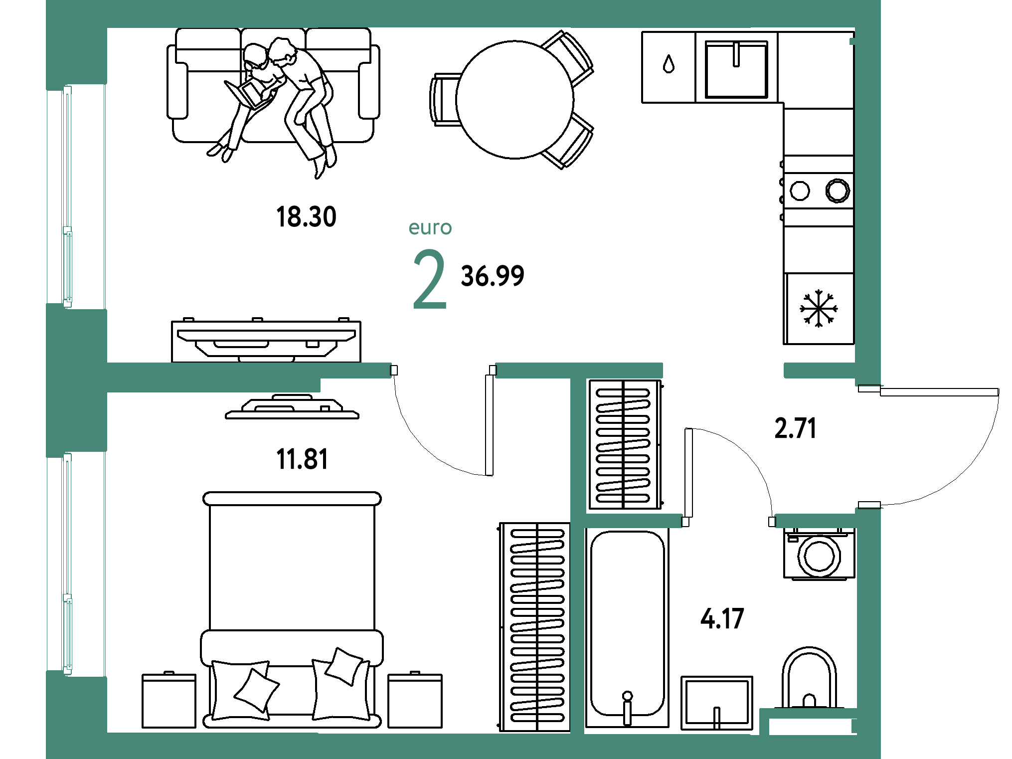 ЖК "Остров-сад"-2-комнатная 36.99 м²