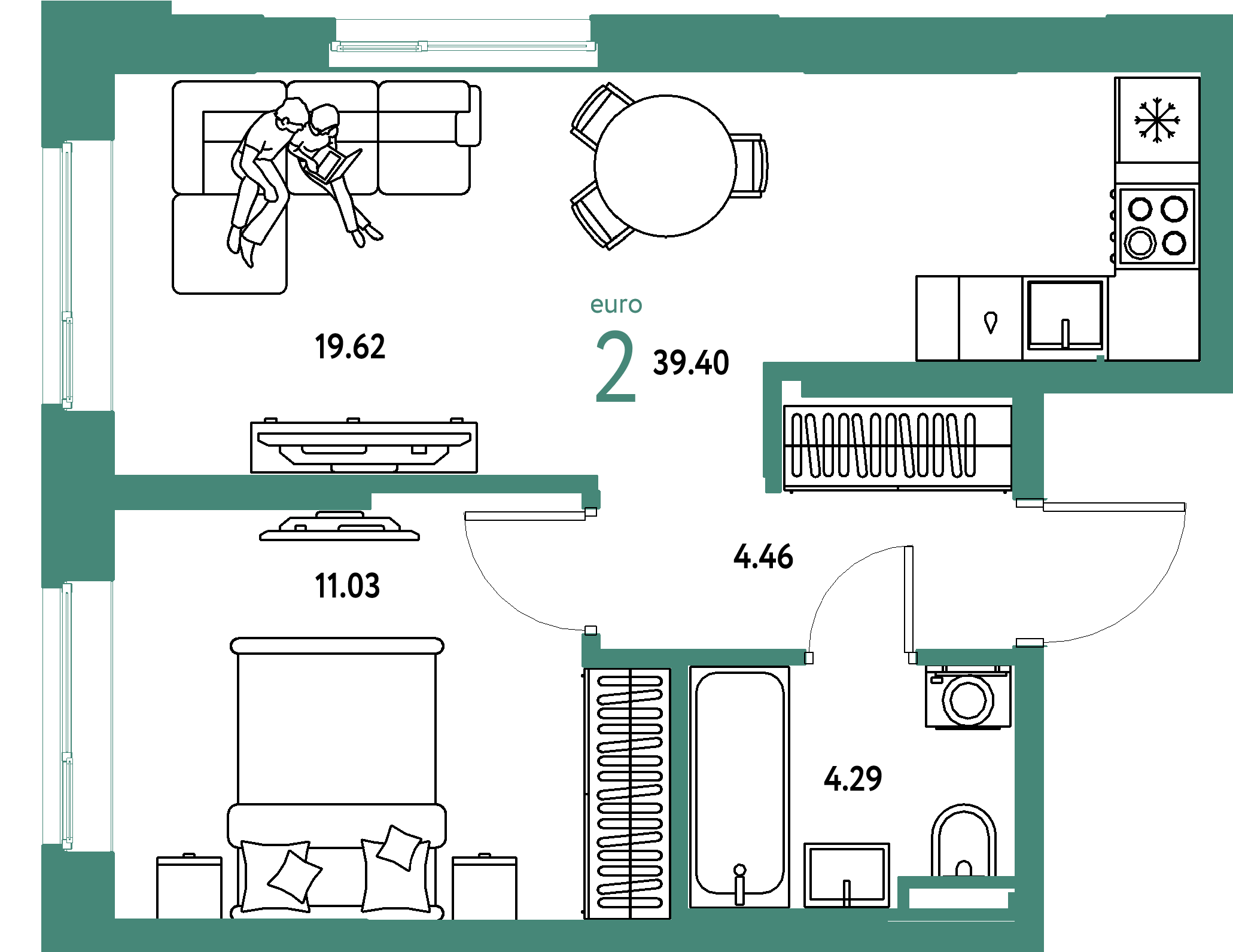 ЖК "Остров-сад"-2-комнатная 39.4 м²