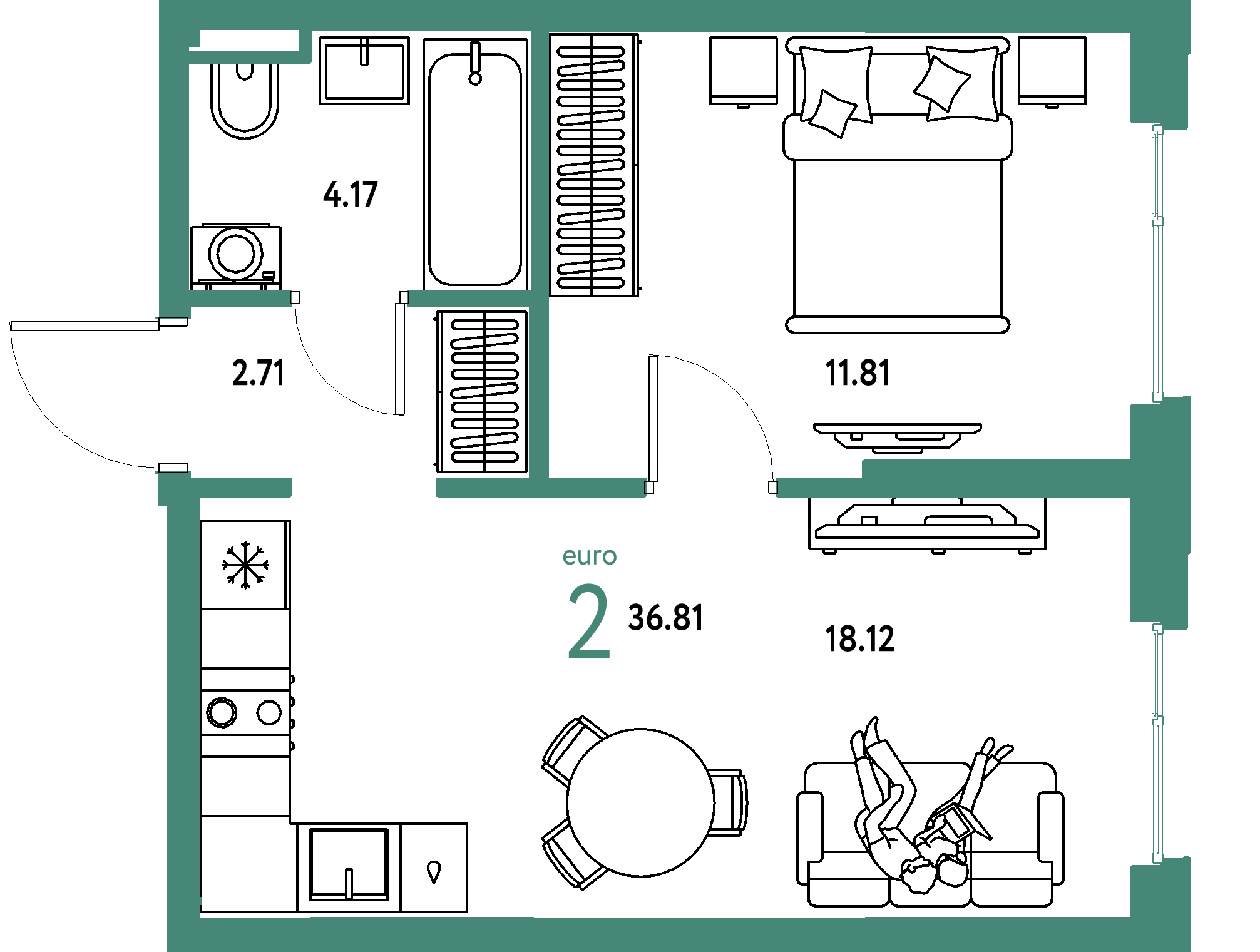 ЖК "Остров-сад"-2-комнатная 36.81 м²