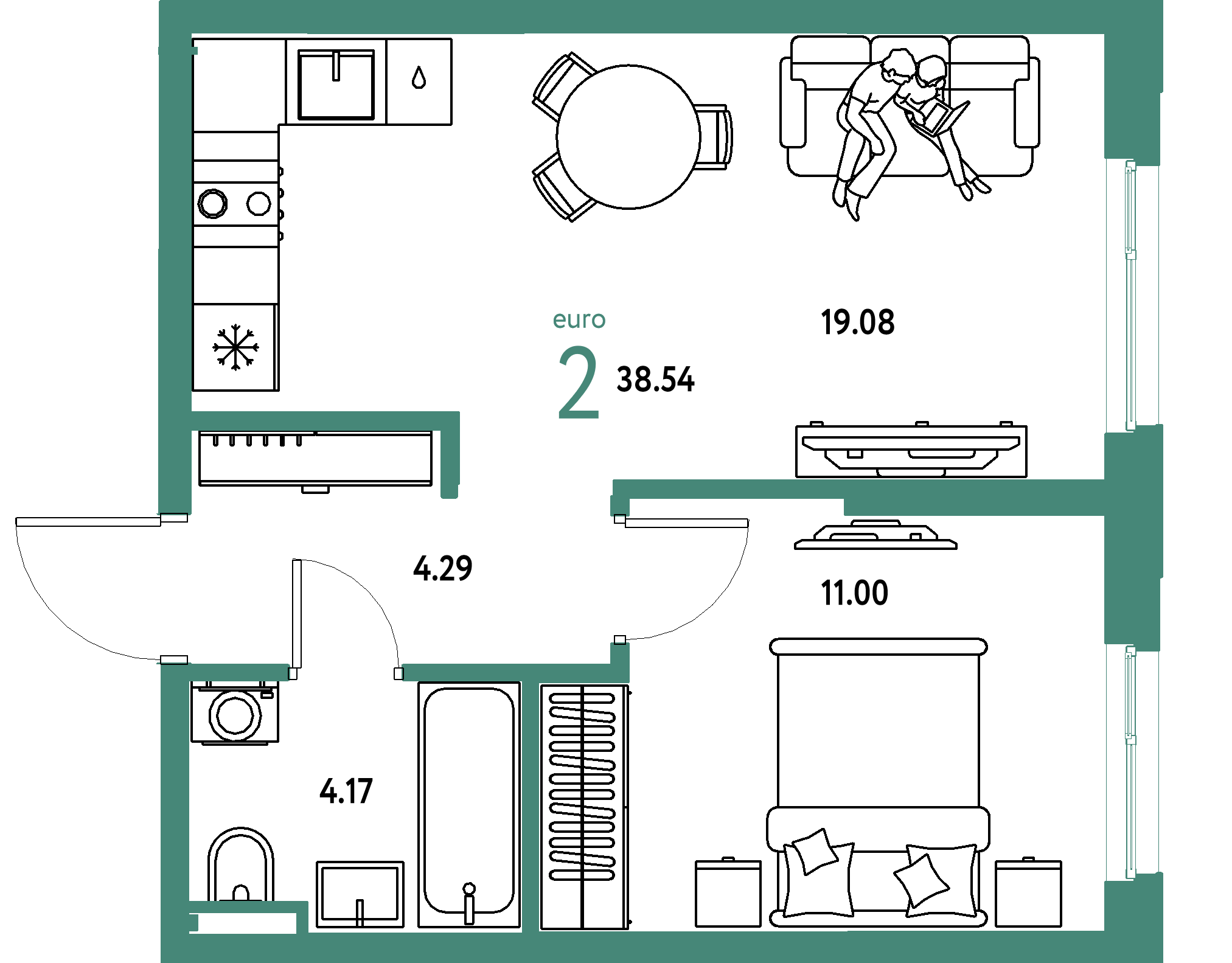 ЖК "Остров-сад"-2-комнатная 38.54 м²