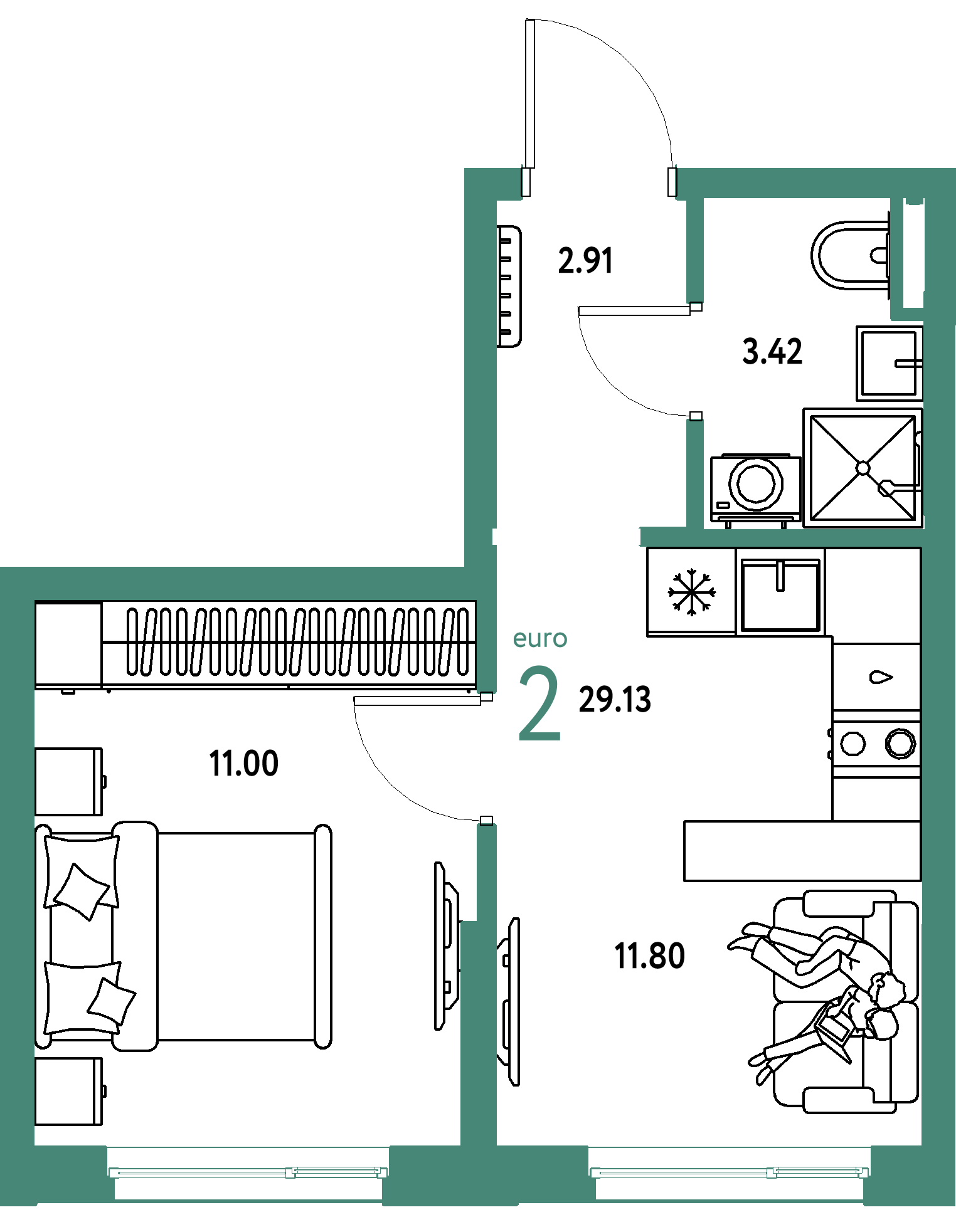 ЖК "Остров-сад"-2-комнатная 29.1 м²