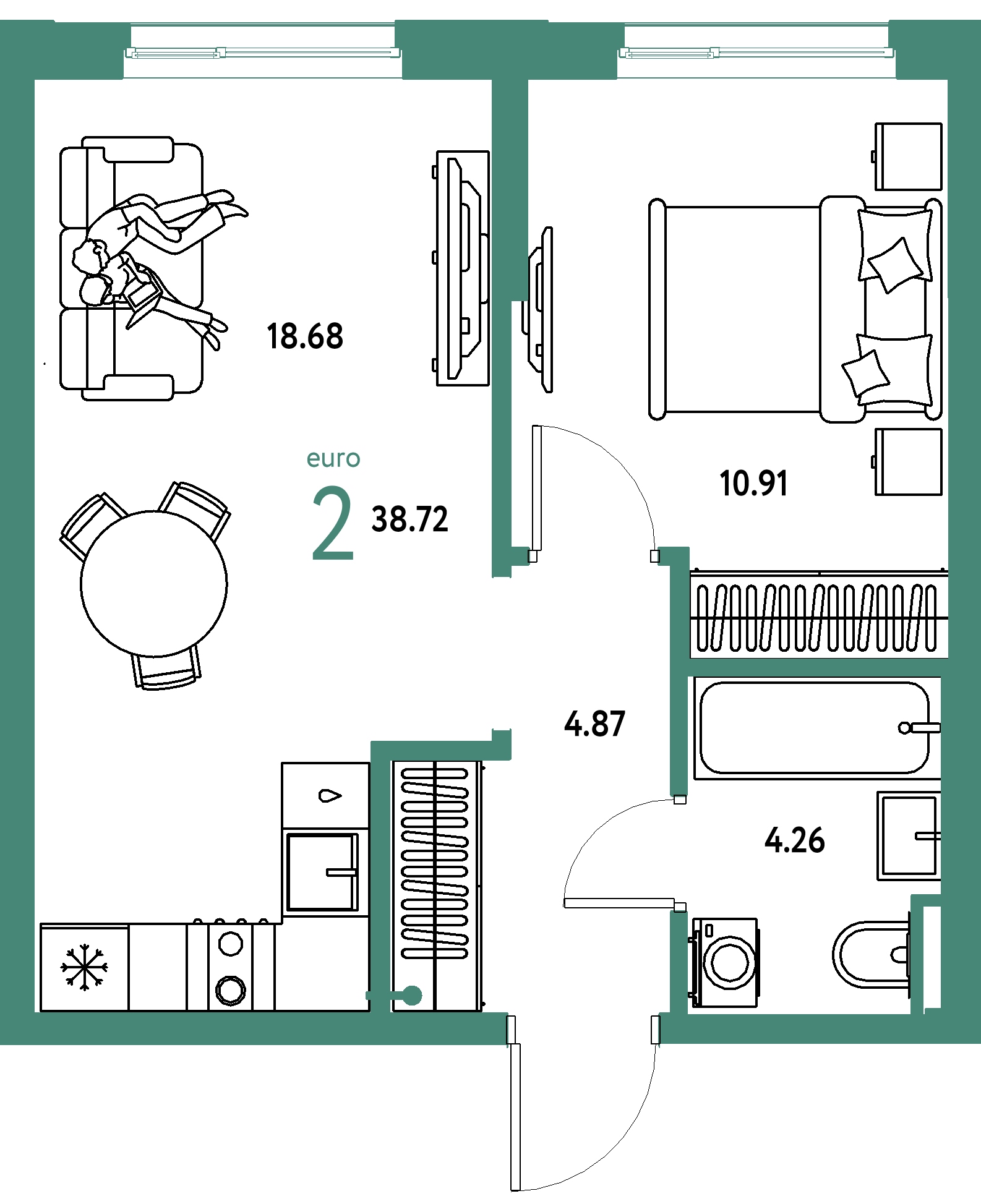 ЖК "Остров-сад"-2-комнатная 38.68 м²