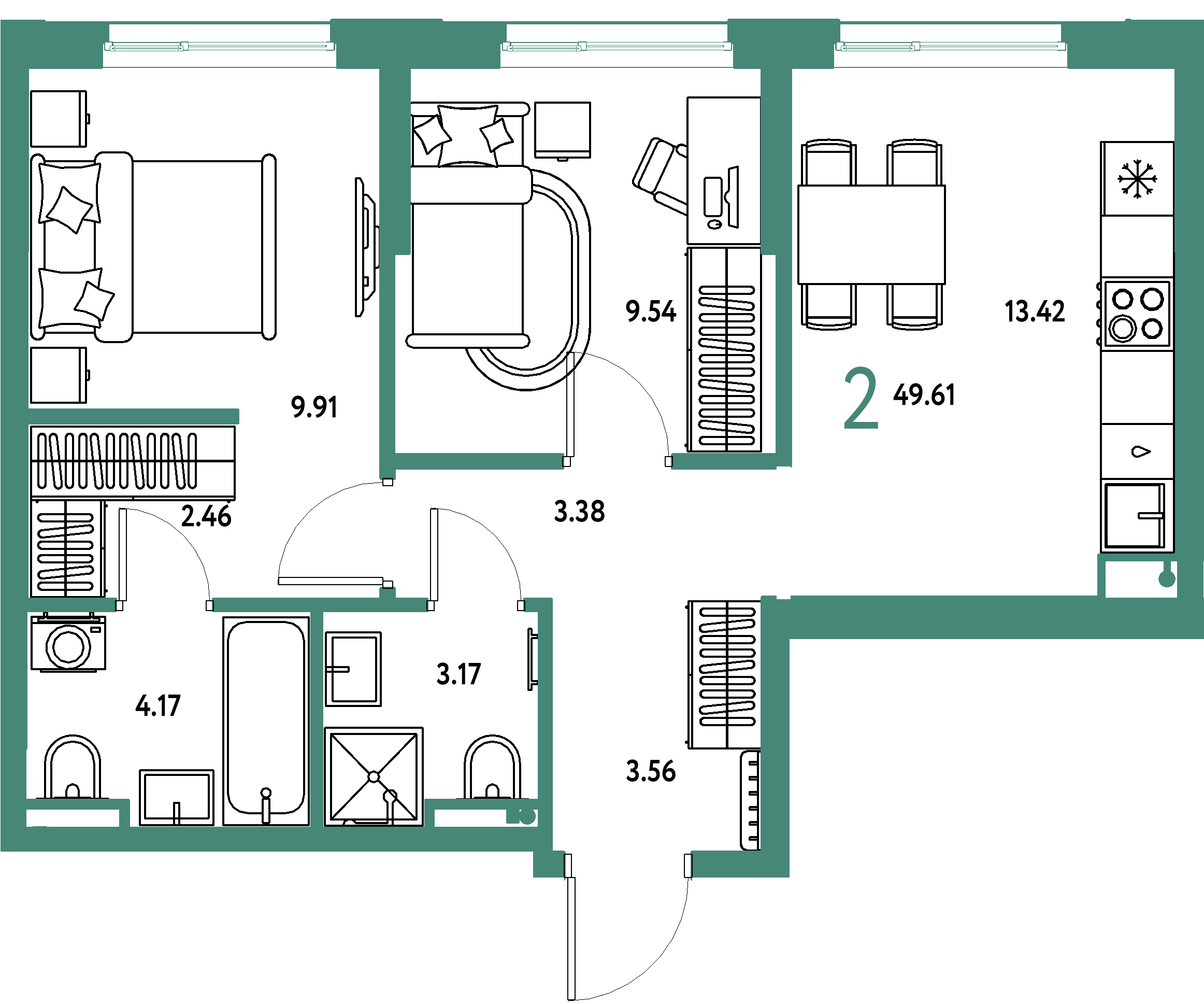 ЖК "Остров-сад"-2-комнатная 49.59 м²
