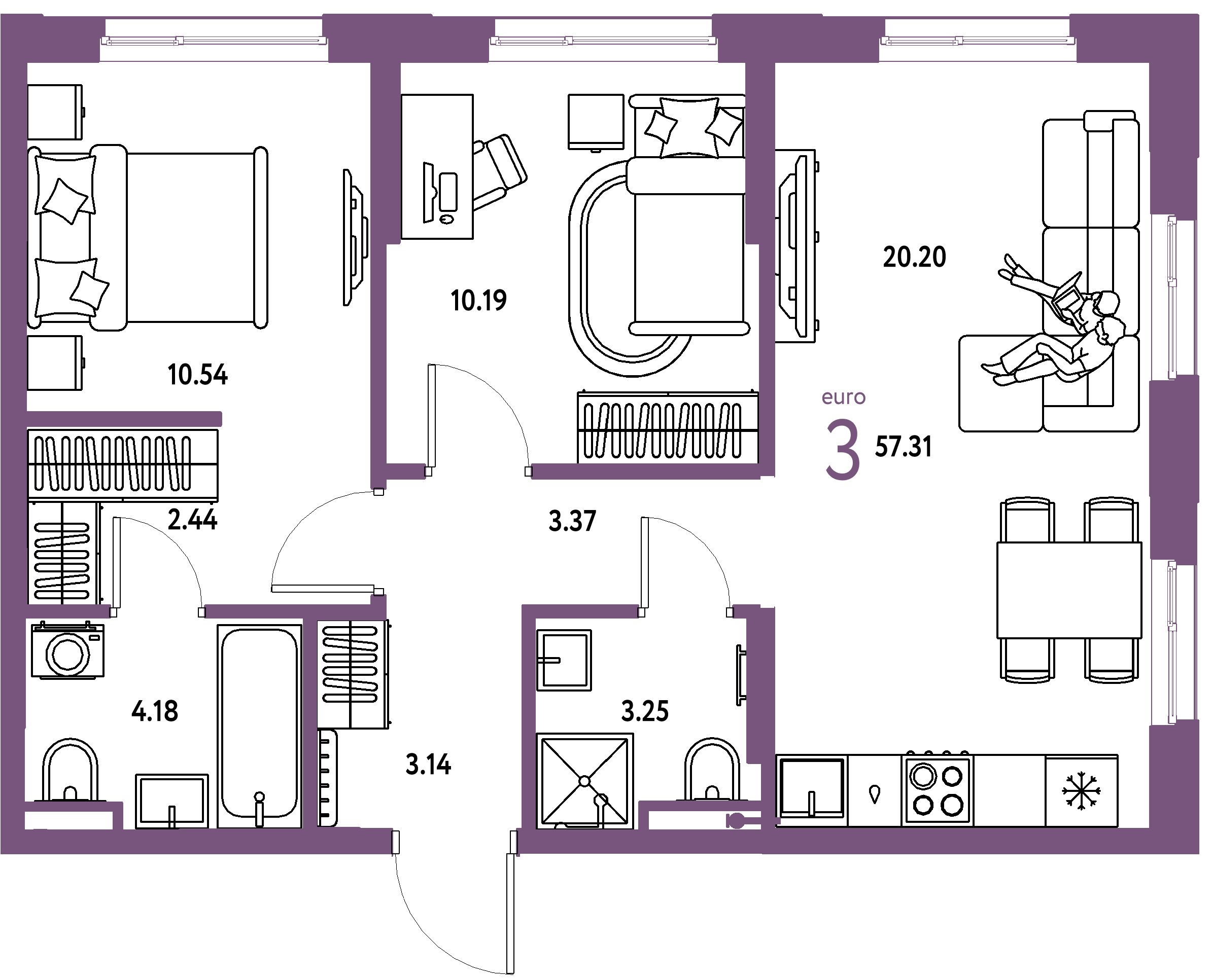 ЖК "Остров-сад"-3-комнатная 57.28 м²
