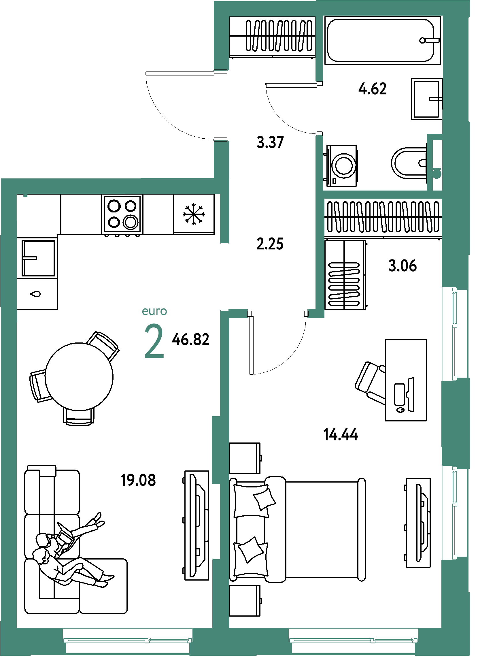 ЖК "Остров-сад"-2-комнатная 46.79 м²