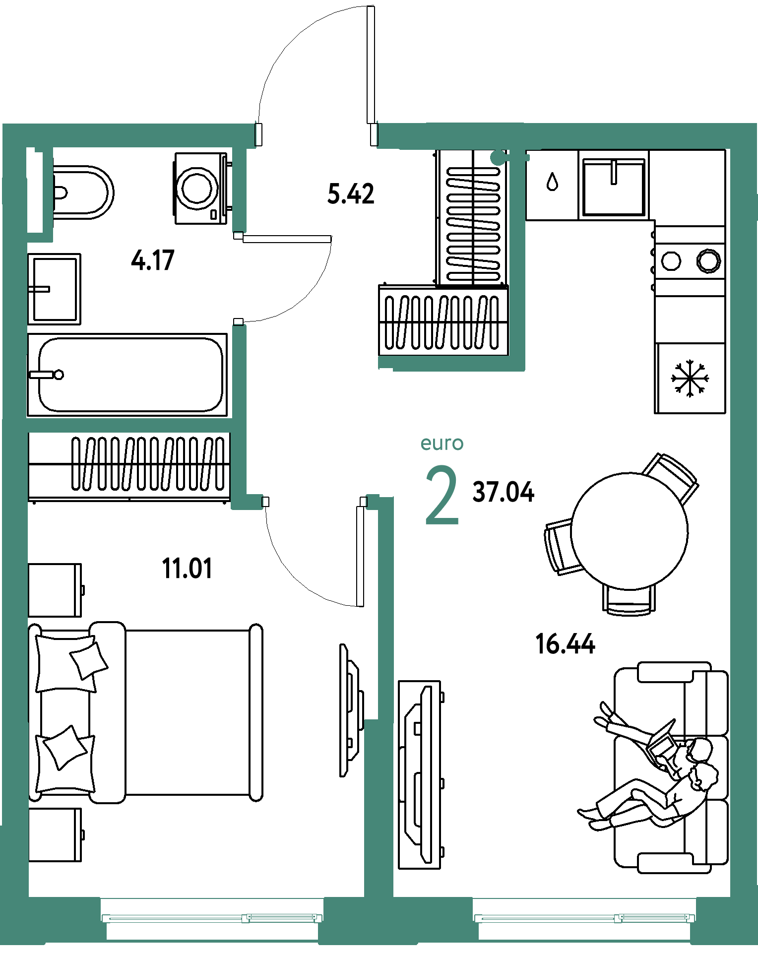 ЖК "Остров-сад"-2-комнатная 37.01 м²