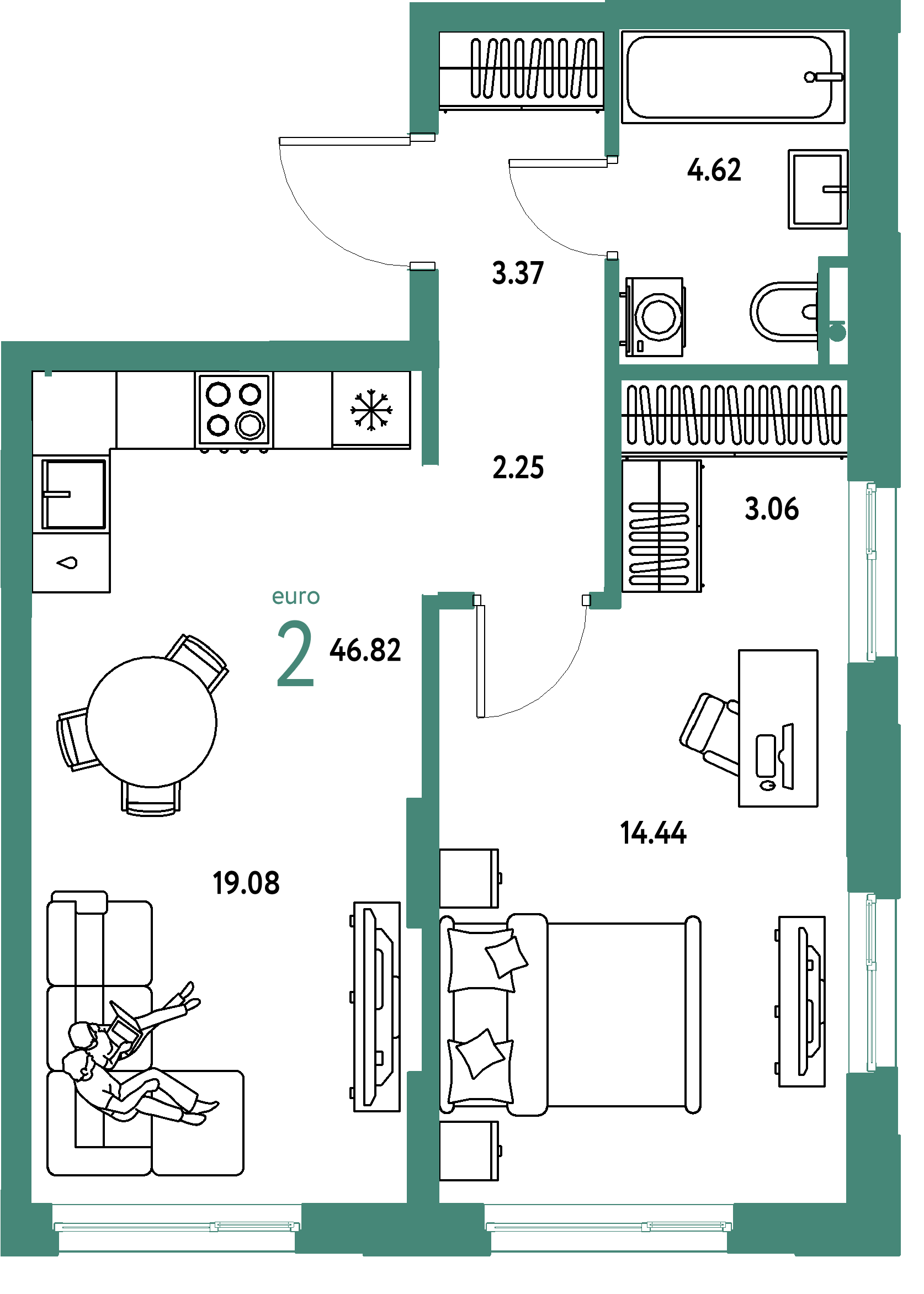 ЖК "Остров-сад"-2-комнатная 46.82 м²