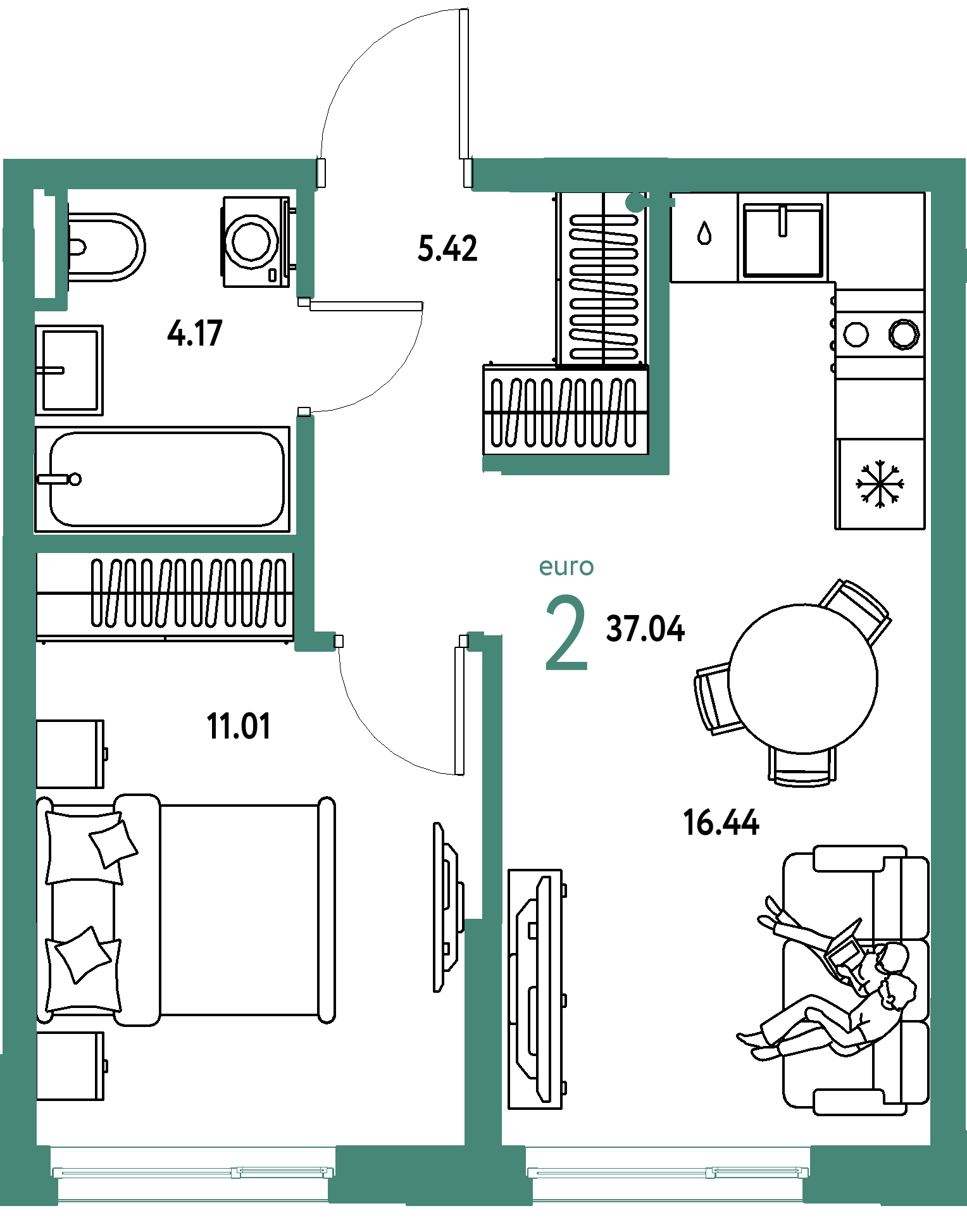 ЖК "Остров-сад"-2-комнатная 37.01 м²