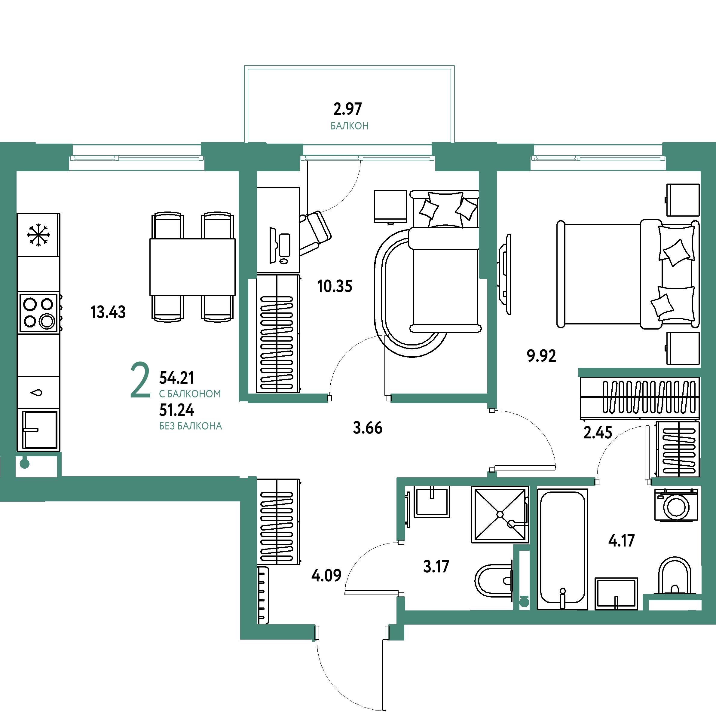 ЖК "Остров-сад"-2-комнатная 54.19 м²