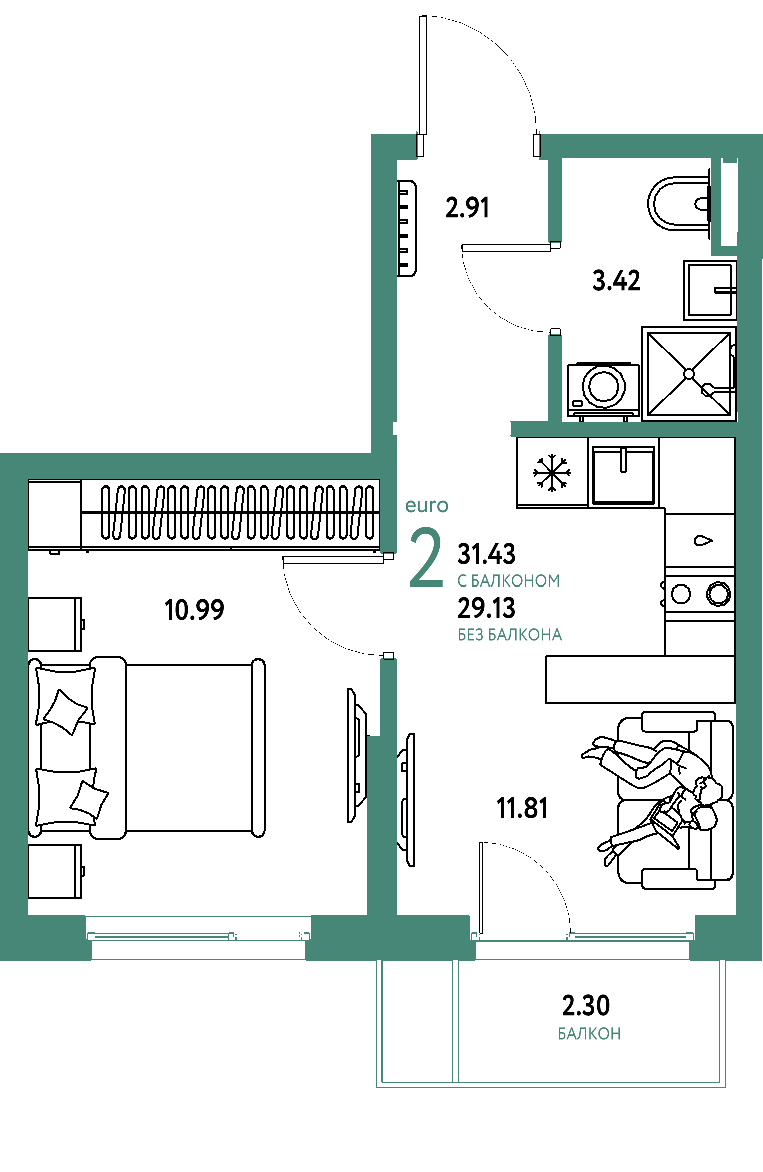 ЖК "Остров-сад"-2-комнатная 31.4 м²