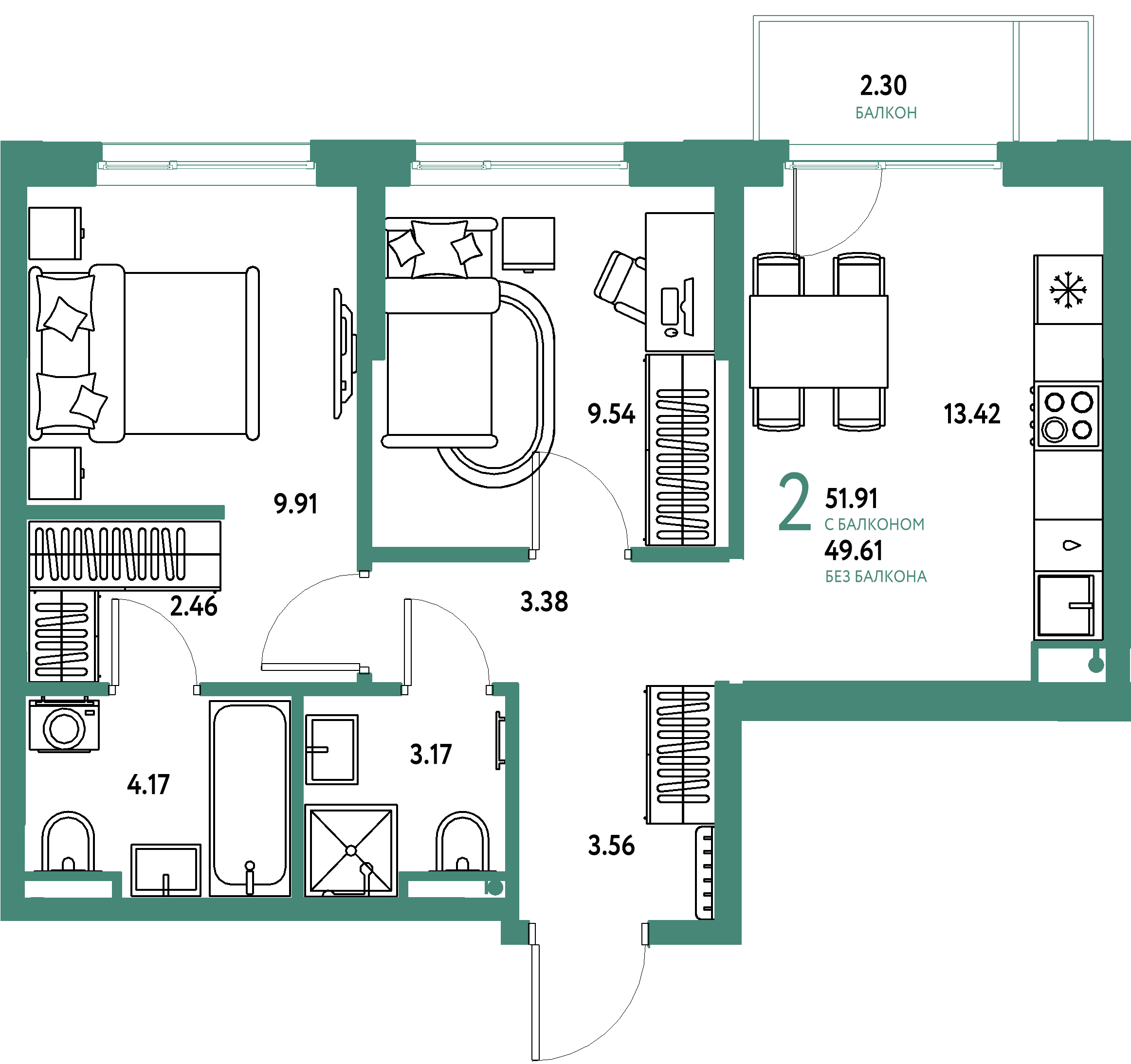 ЖК "Остров-сад"-2-комнатная 51.9 м²