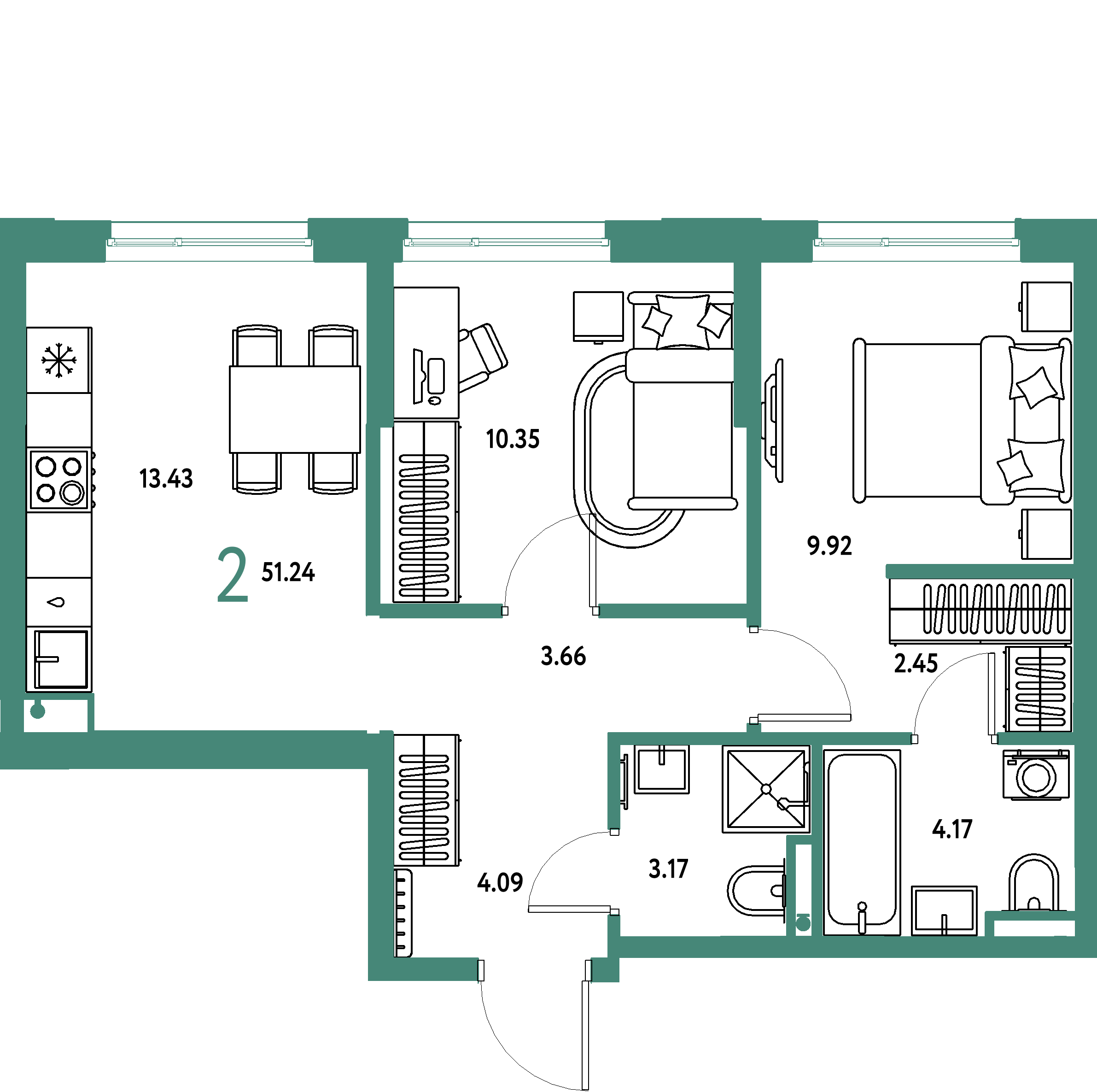 ЖК "Остров-сад"-2-комнатная 51.22 м²
