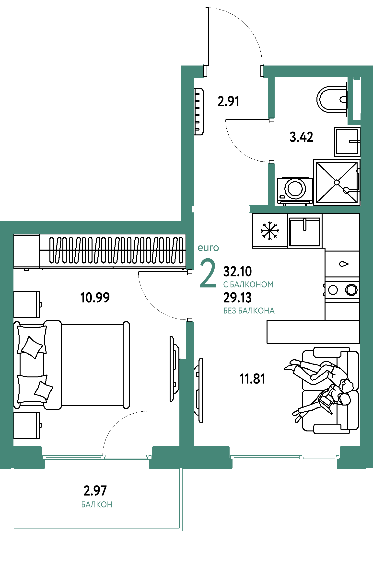 ЖК "Остров-сад"-2-комнатная 32.07 м²