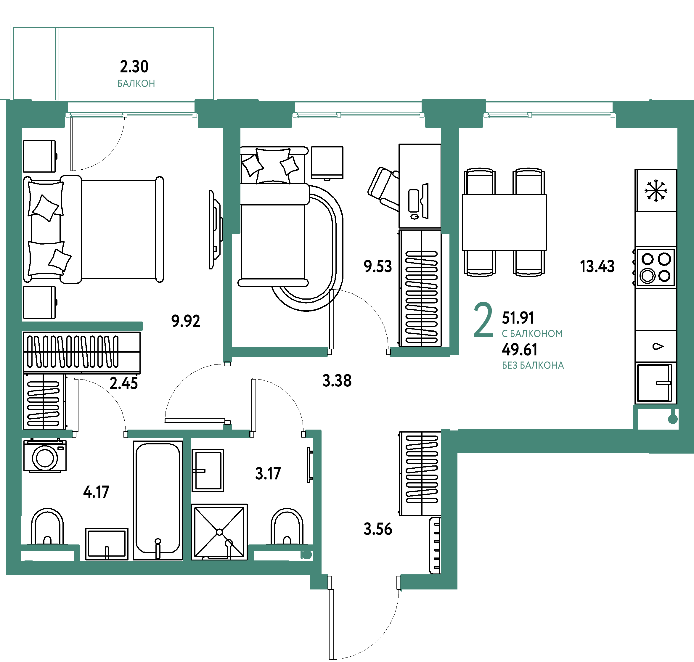 ЖК "Остров-сад"-2-комнатная 51.89 м²