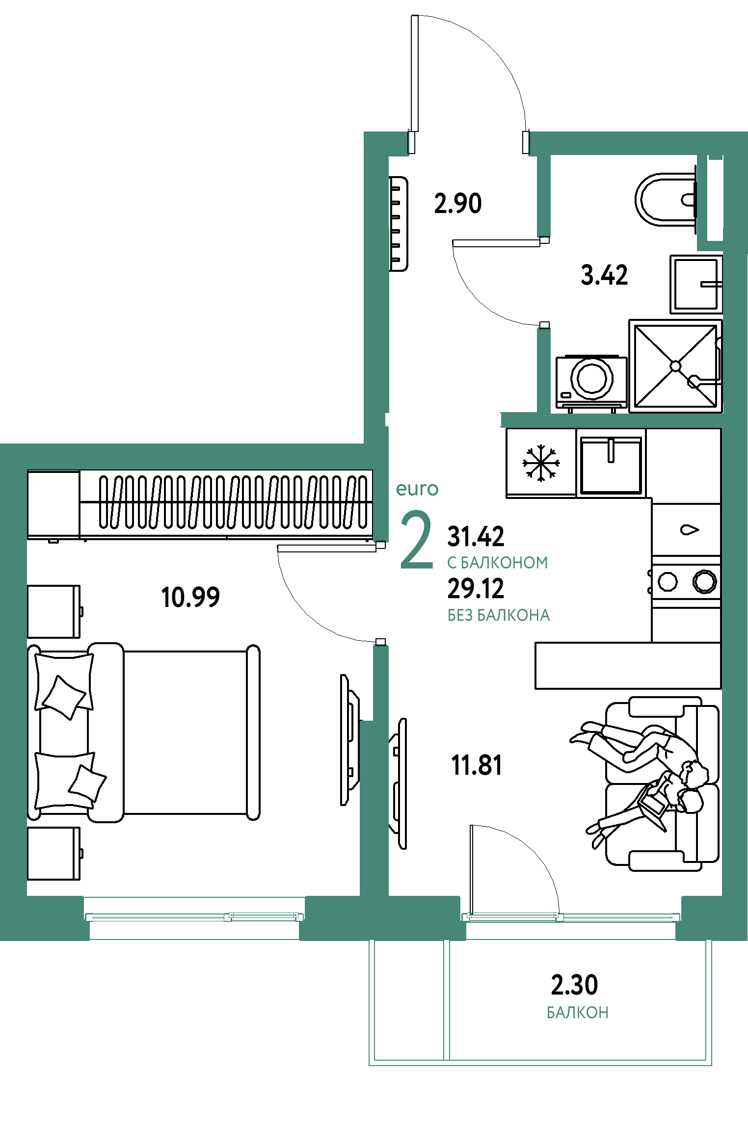 ЖК "Остров-сад"-2-комнатная 31.4 м²
