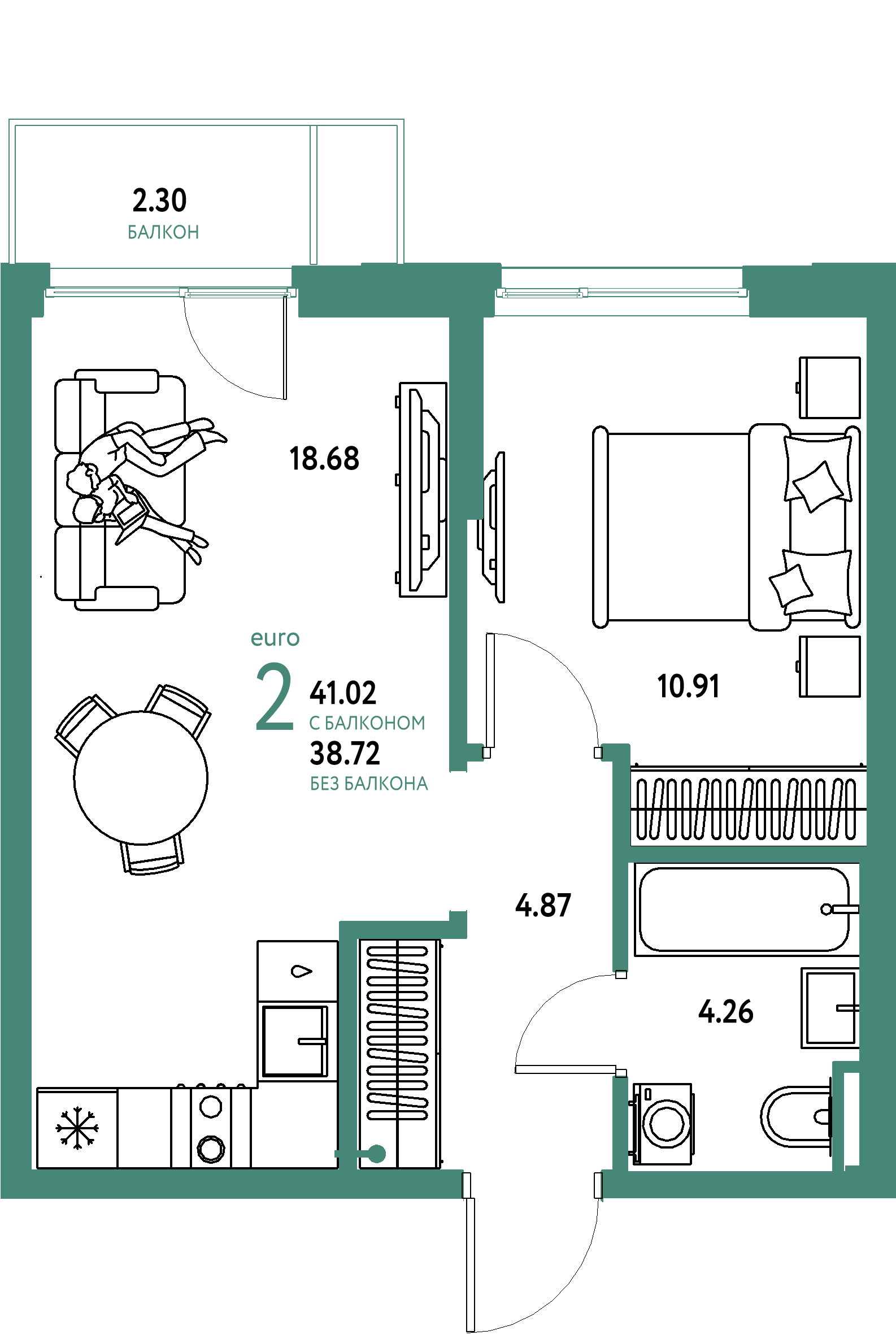 ЖК "Остров-сад"-2-комнатная 40.98 м²