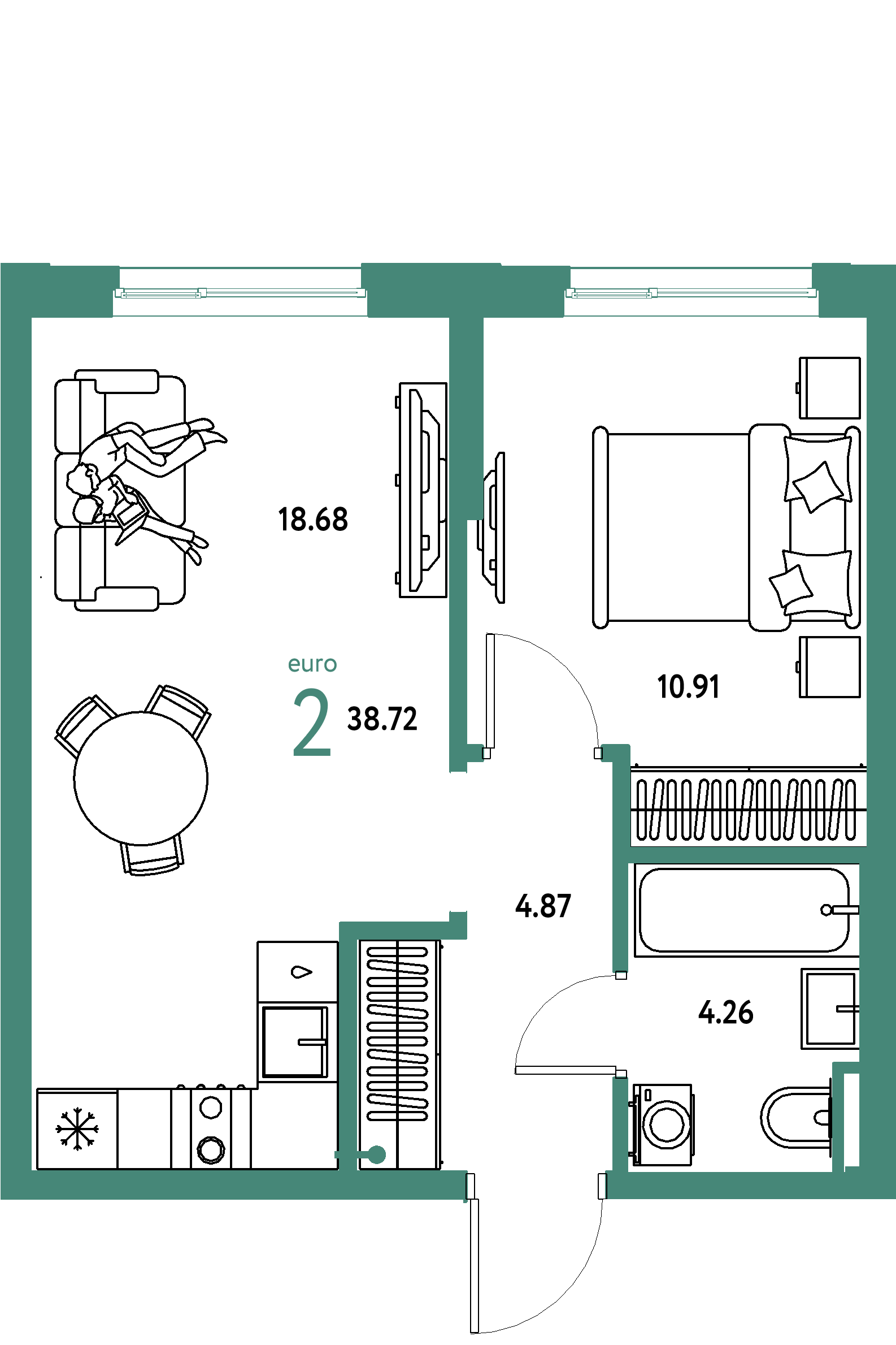 ЖК "Остров-сад"-2-комнатная 38.68 м²